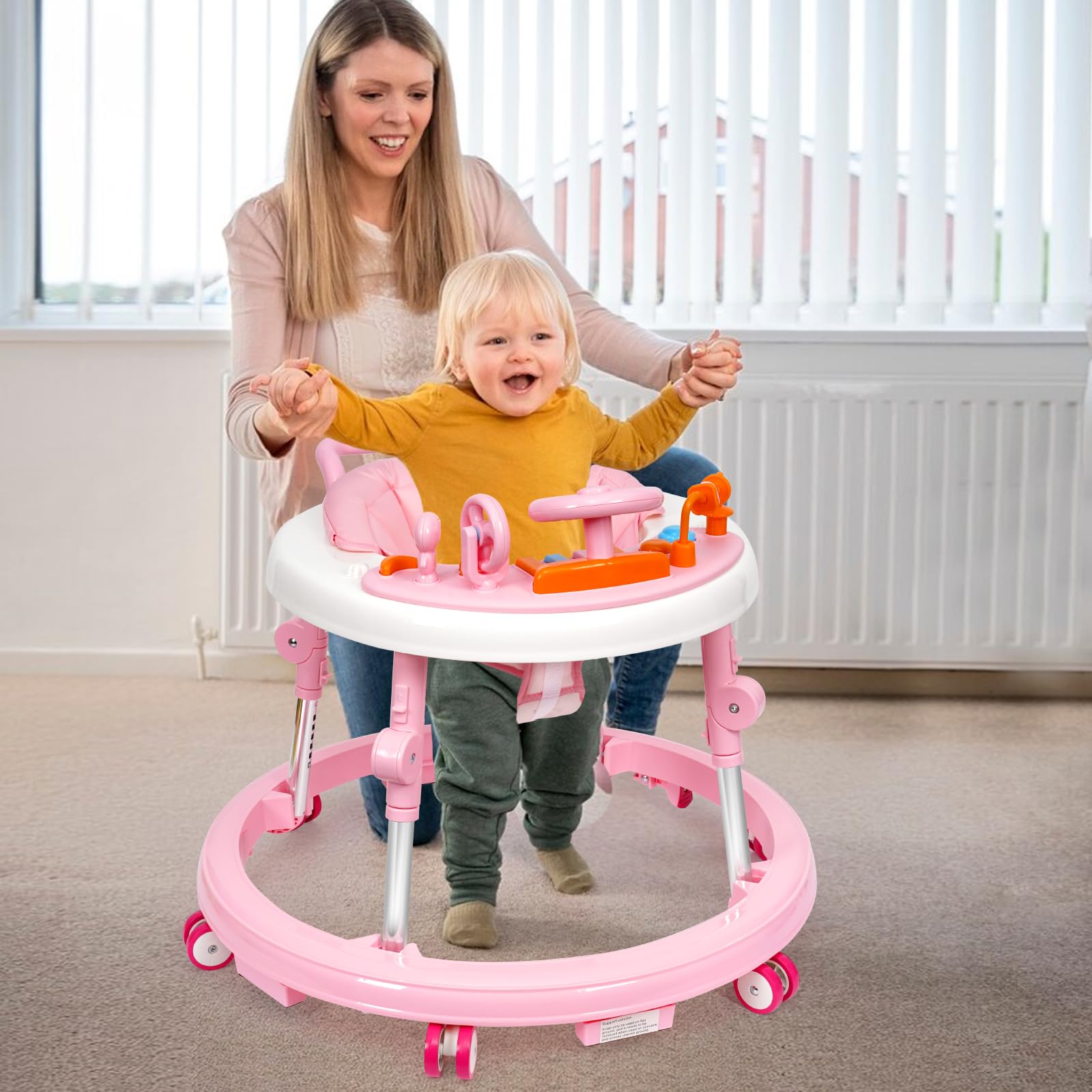 Foldable Music & Lights Baby Walker with 9 Adjustable Heights - Portable Wheeled Activity Center for Boys & Girls 7-18 Months (Pink) - Perfect for Learning to Walk & Indoor Playtime