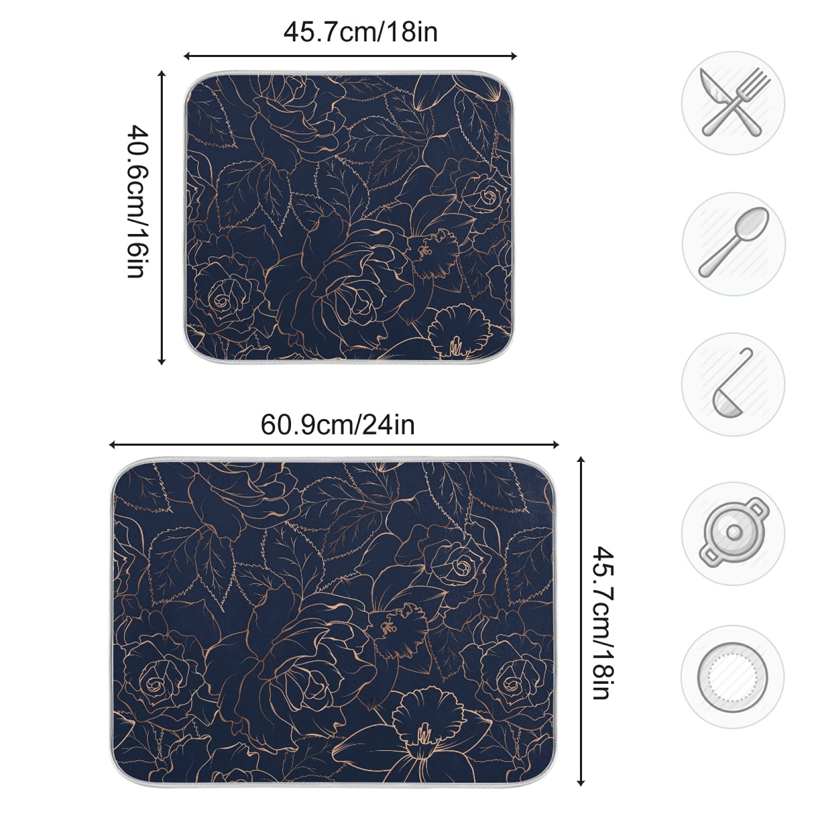 Premium Microfiber Dish Drying Mat 18x16 Inch - Absorbent Kitchen Counter Mat with Floral Design (Golden Rose/Peony/Daffodil) - Non-Slip Drying Pad for Dishes, Utensils & Cookware - Perfect for Kitchen Sink, Countertop & Dining Table Use