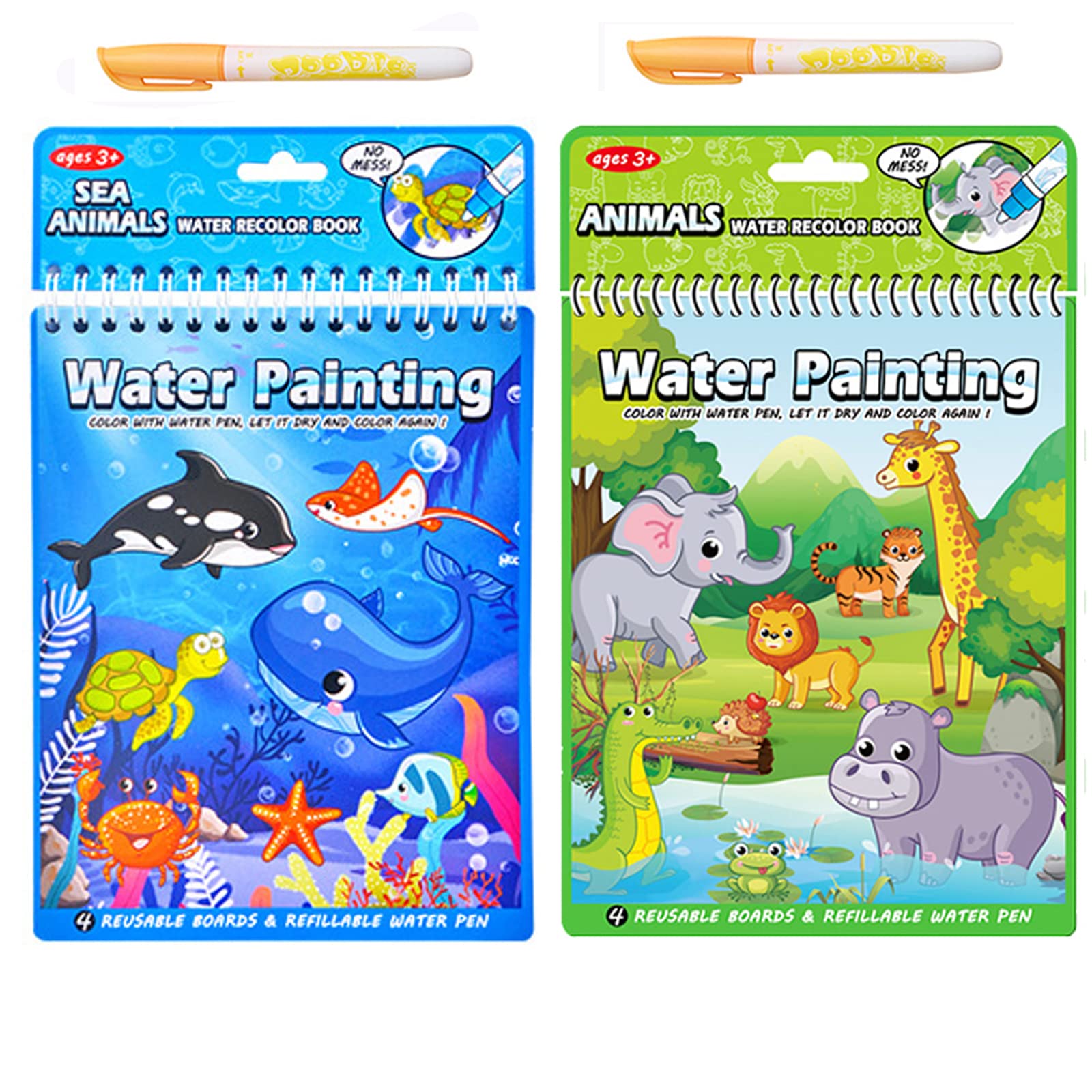LEFIMOT 2 Pack Reusable Water Coloring Books for Toddlers 3-5 Years - Ocean Animal Paint with Water Activity Books, Educational Travel Toys with Pens for Kids, Perfect Birthday Gift & Learning Tool for Home, Travel & Classroom Use