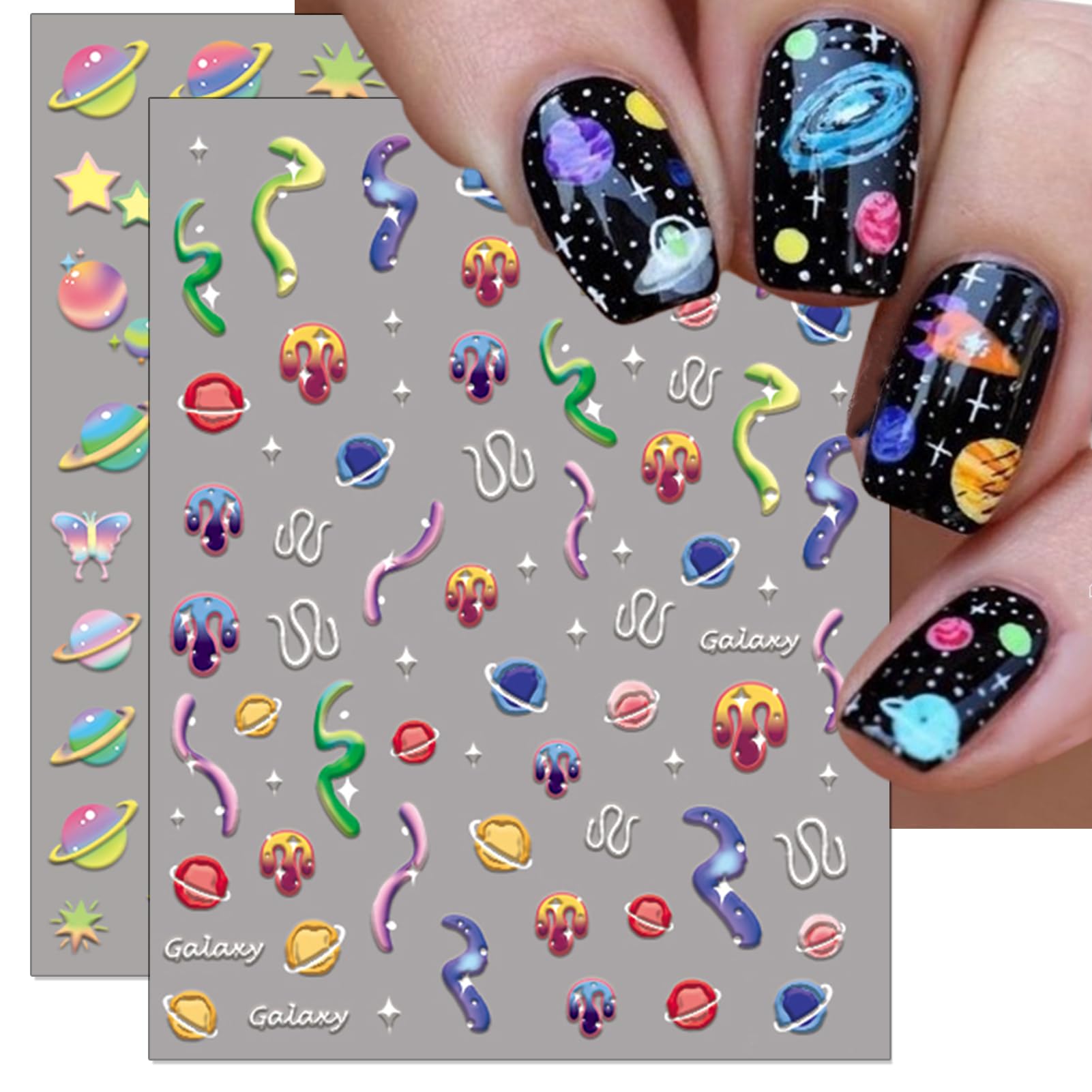 5D Galaxy Planet Nail Art Stickers - Solar System Earth Moon Saturn Design, DIY Cartoon Nail Decals for Women & Teens - Space Themed Nail Decorations (2 Sheets) - Perfect for Parties, Halloween, Cosplay & Nail Salon DIY