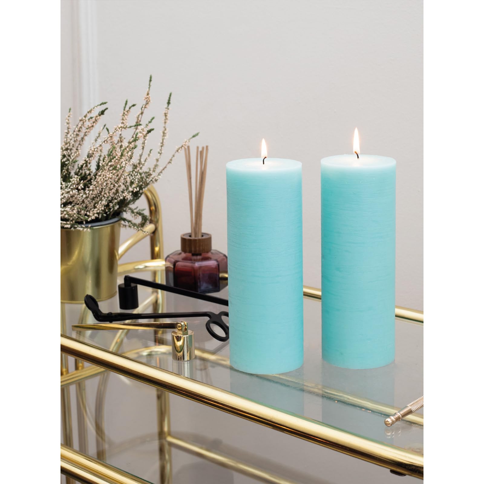 CANDWAX 3x8 Inch Pillar Candle Set of 2 - Unscented Non-Drip Decorative Rustic Candles for Weddings, Home Decor & Interior Design - Light Turquoise Candles for Centerpieces, Tablescapes & Romantic Ambiance