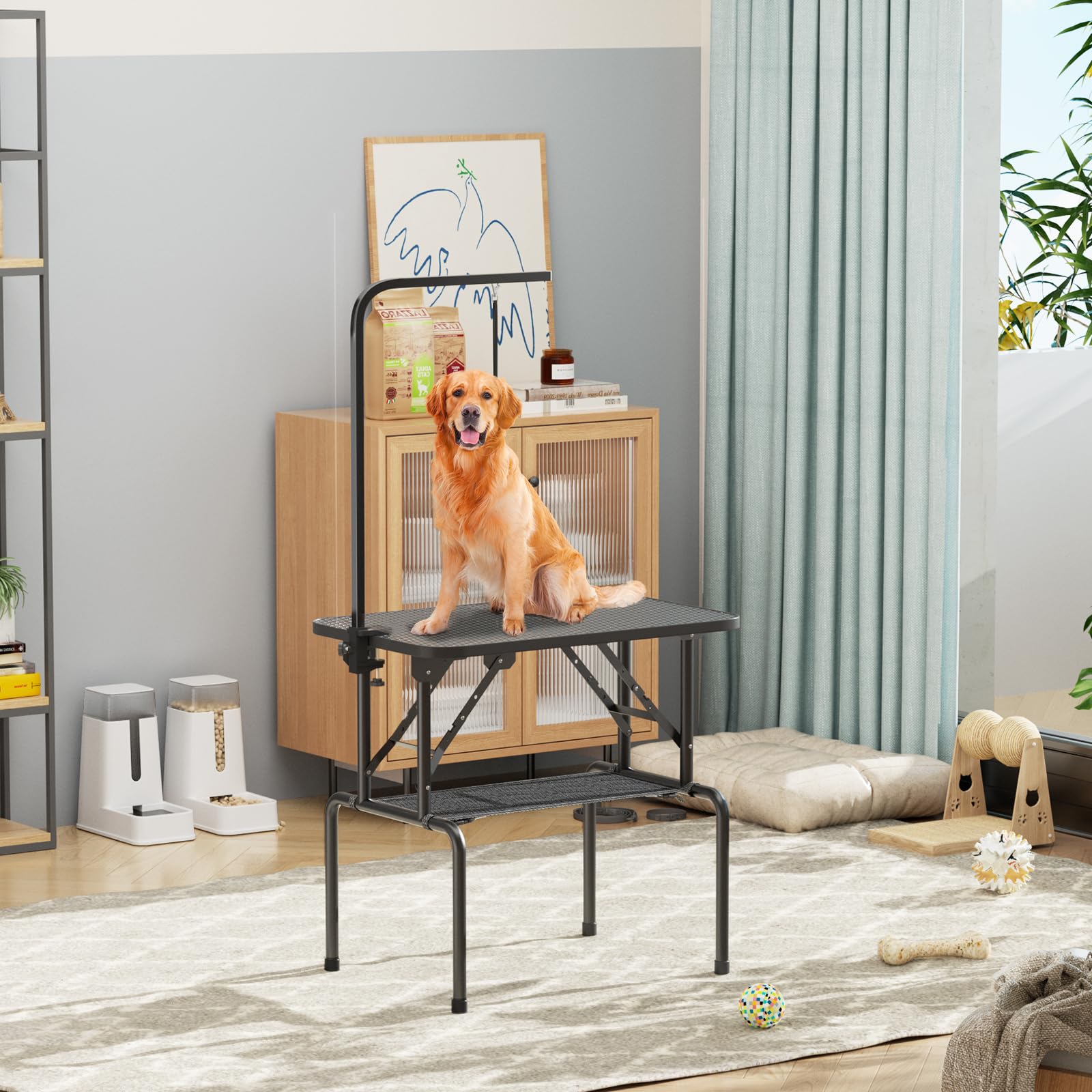 ROOMTEC 32 Inch Foldable Dog Grooming Table with Adjustable Arm, Nooses & Mesh Tray - Professional Pet Grooming Table for Home Use, Perfect for Bathing, Brushing & Nail Trimming