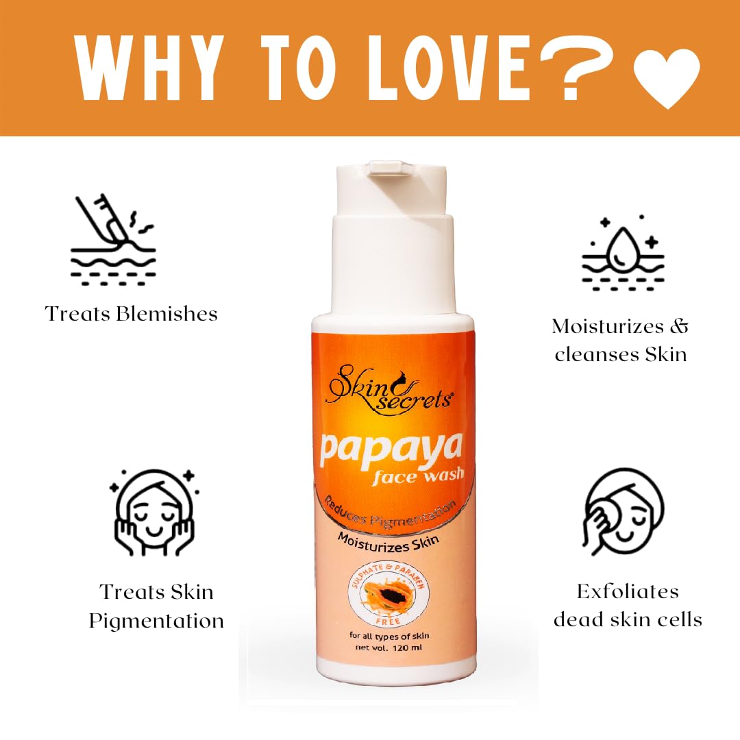Skin Secrets Papaya Face Wash with Natural Papaya Extract for Blemish-Free Skin | Paraben & Sulfate Free | 120ml | Gentle Cleanser for Acne-Prone & Sensitive Skin | Daily Face Wash for Glowing Complexion