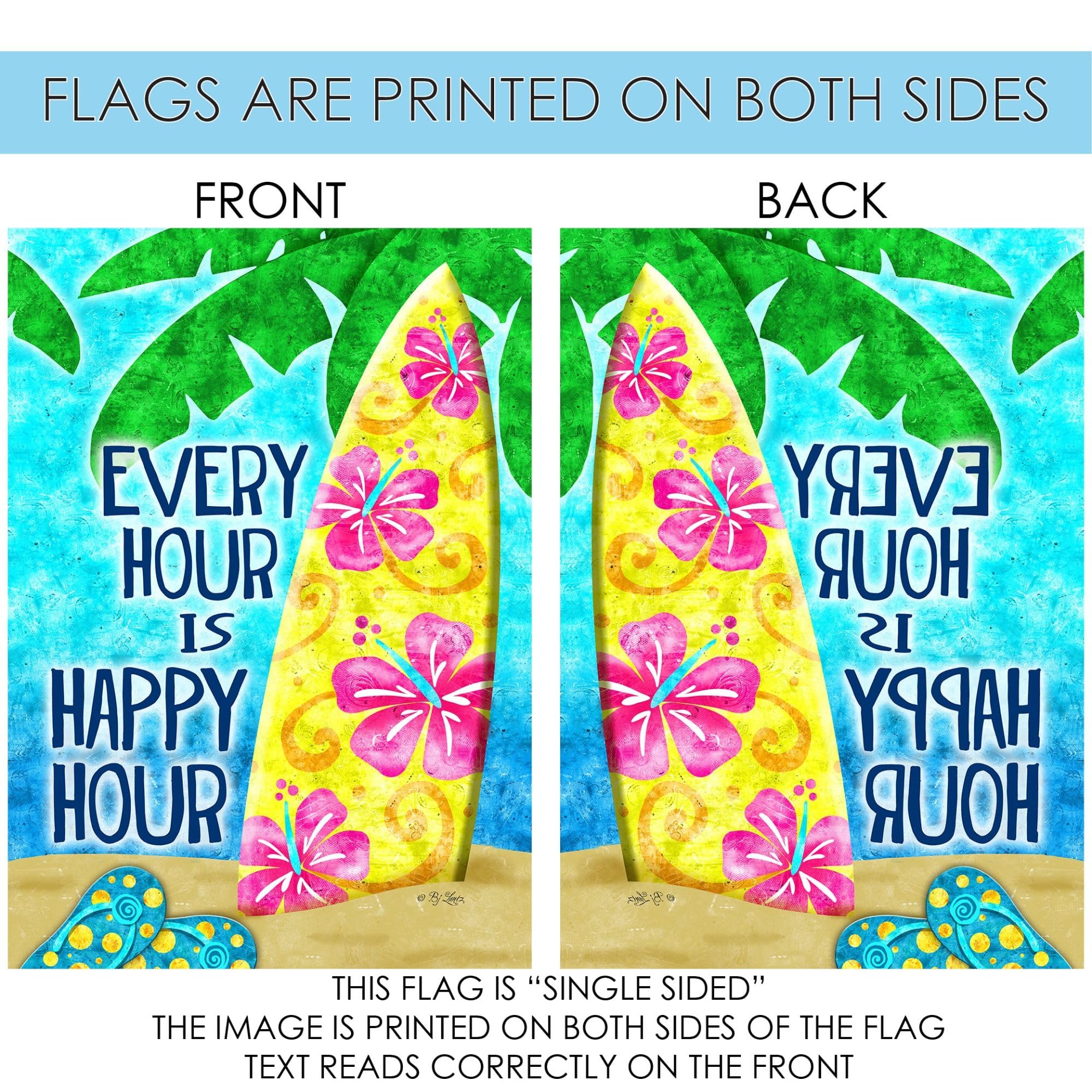Happy Hour Surf Beach Flag 28x40 Inch - Double Sided Outdoor Garden Flag for Yard Decoration, Housewarming Gift & Coastal Theme Party | Perfect for Beach House, Backyard, Patio & Summer Decor