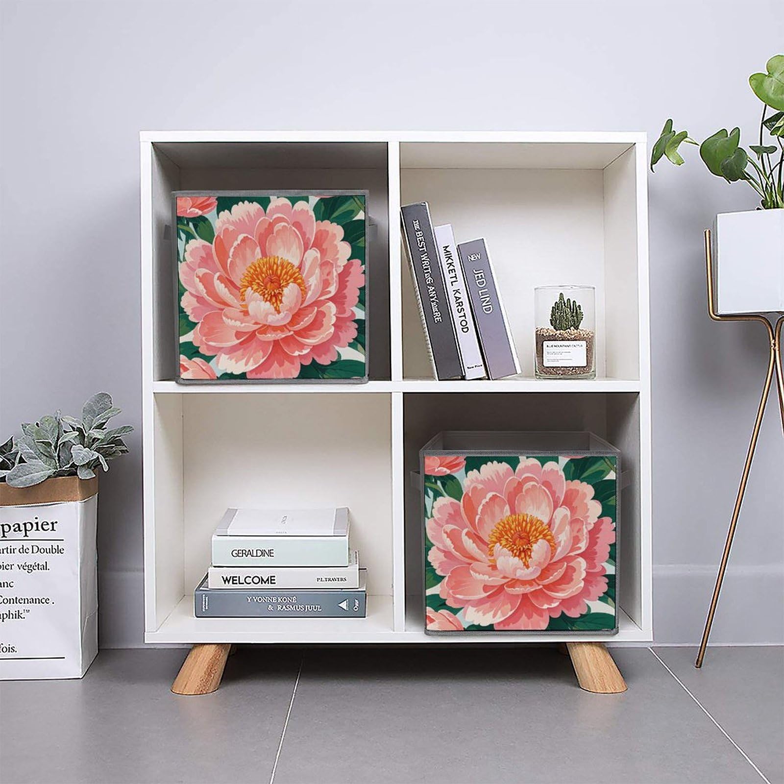 2PCS Collapsible Storage Bins with Handles - Peach Peony Print for Shelves & Home Organization
