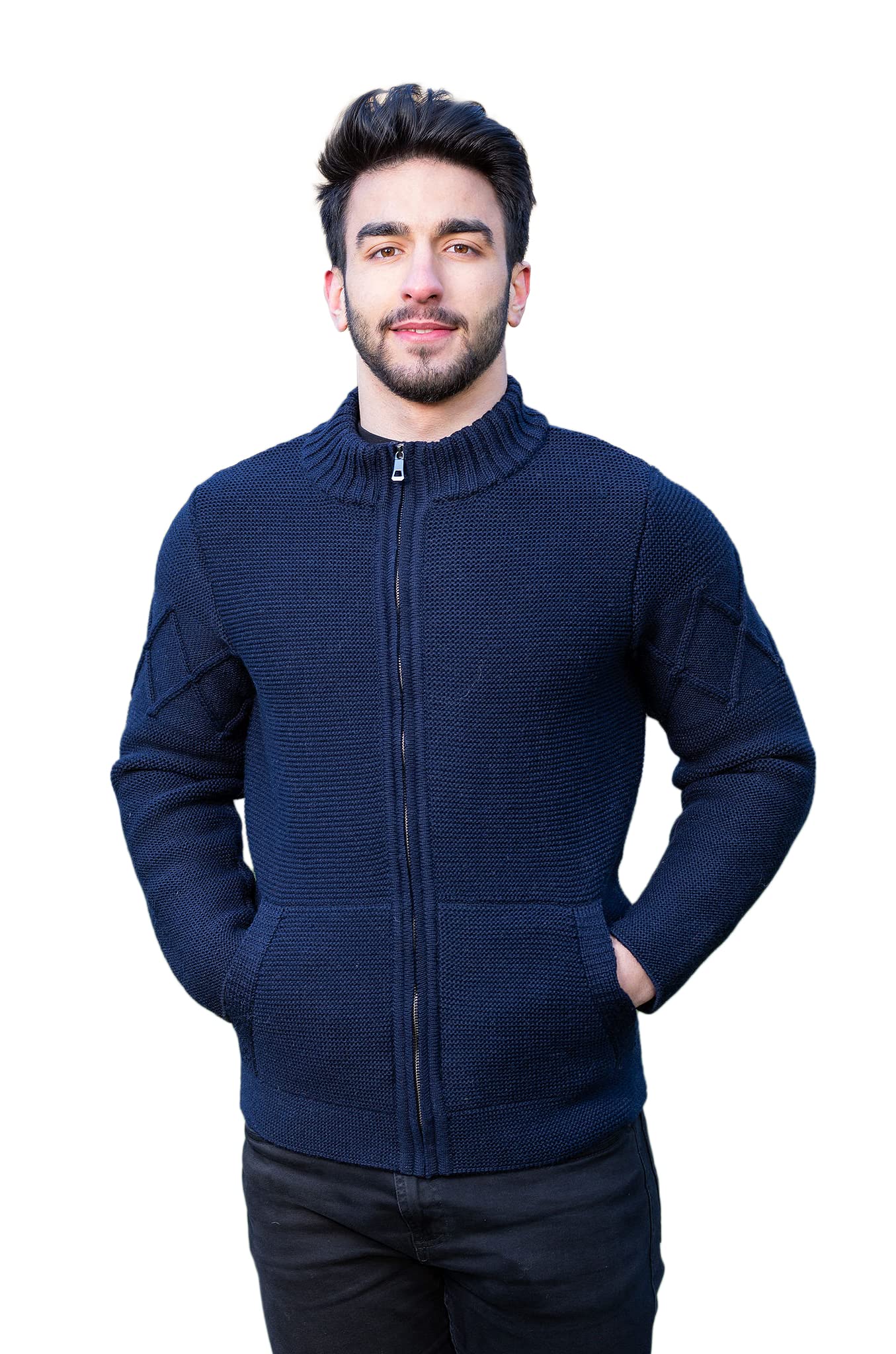 SAOL Men’s Merino Wool Full Zip Cardigan Sweater Jacket - Heavy Knit Winter Warm Pullover with Pockets - Perfect for Outdoor Hiking, Office Wear & Casual Fall Fashion
