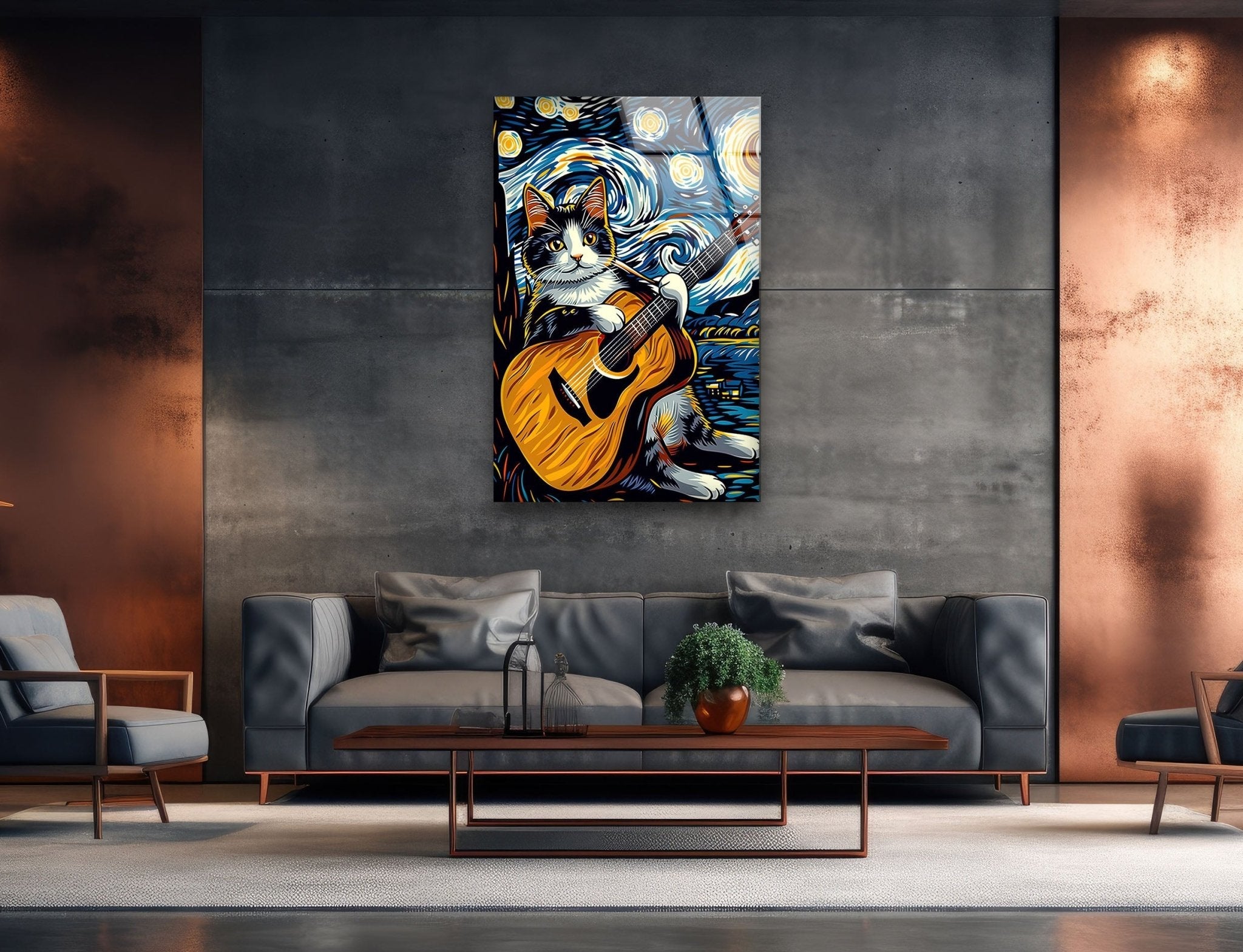 Adorable Cat Playing Guitar Glass Wall Art - Unique Home Decor for Living Room, Bedroom & Office - Perfect Gift for Cat Lovers