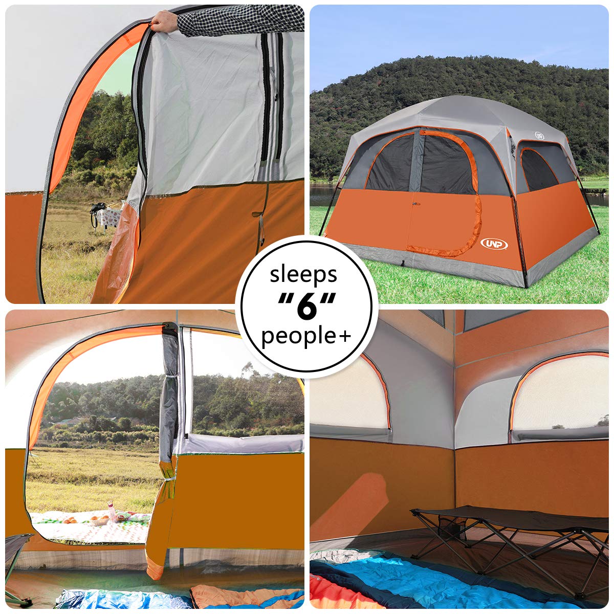 UNP 6-Person Waterproof Windproof Family Camping Tent - Double Layer, Easy Setup with 1 Mesh Door & 5 Large Windows (10'x9'x78