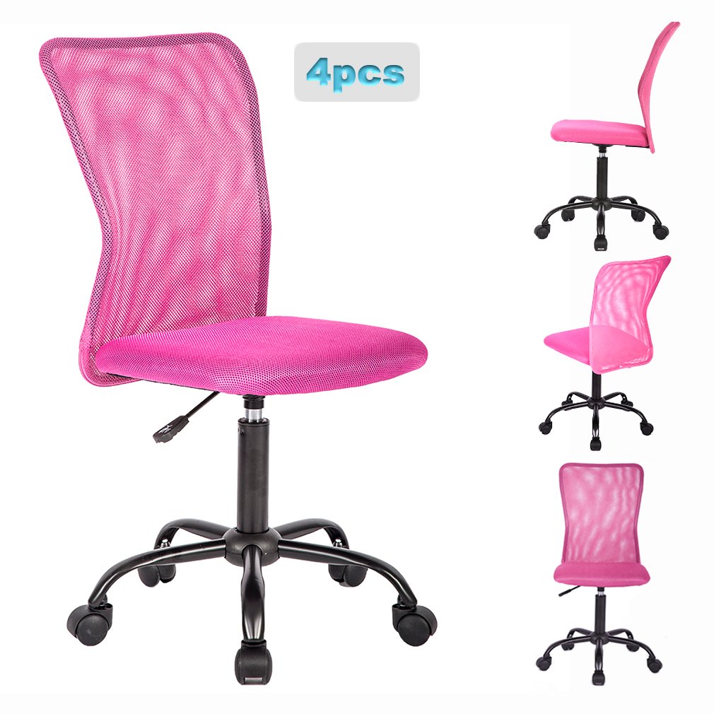 Ergonomic Mesh Office Chair with Lumbar Support - Armless Swivel Rolling Computer Desk Chair for Back Pain Relief - Set of 4 Pink Executive Chairs for Home Office, Gaming & Workspace Comfort