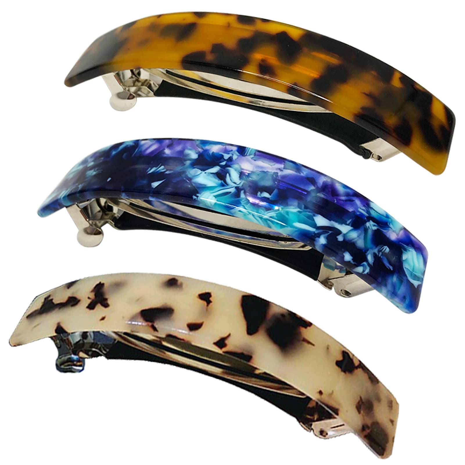 Large French Barrettes for Women with Fine or Thick Hair - Classic Tortoise Shell Hair Clips, Wide Curved Celluloid Ponytail Holders (3-Pack) | Automatic Clasp Hairgrips for Work, Weddings & Everyday Style