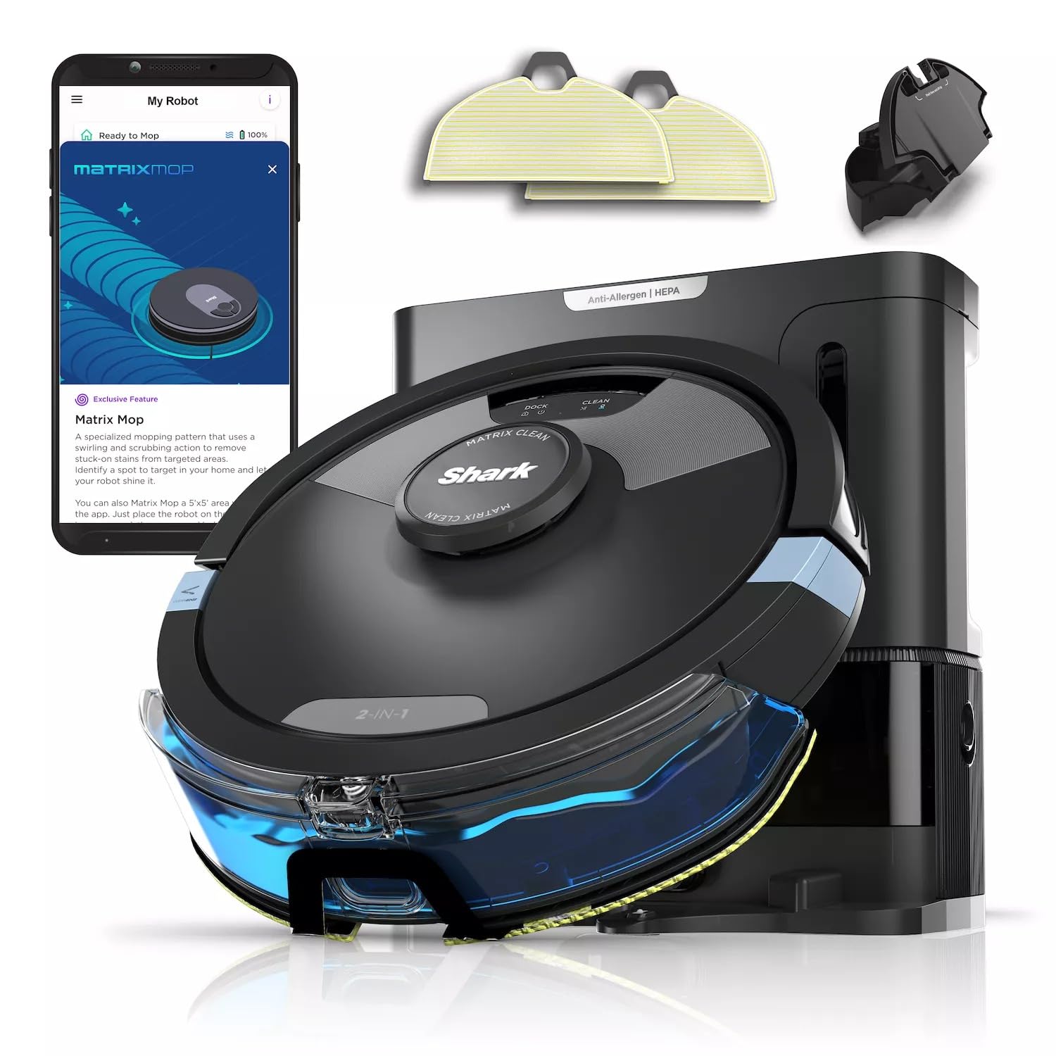 Shark RV2610WA AI Ultra 2-in-1 Robot Vacuum and Mop with Sonic Mopping, Matrix Clean Navigation, Smart Home Mapping, Self-Emptying Base, HEPA Filtration - Ideal for Pet Hair, Hardwood Floors & Carpets - WiFi Connected (Renewed, Black/Silver) | Perfect for Busy Homes, Pet Owners & Allergy Sufferers