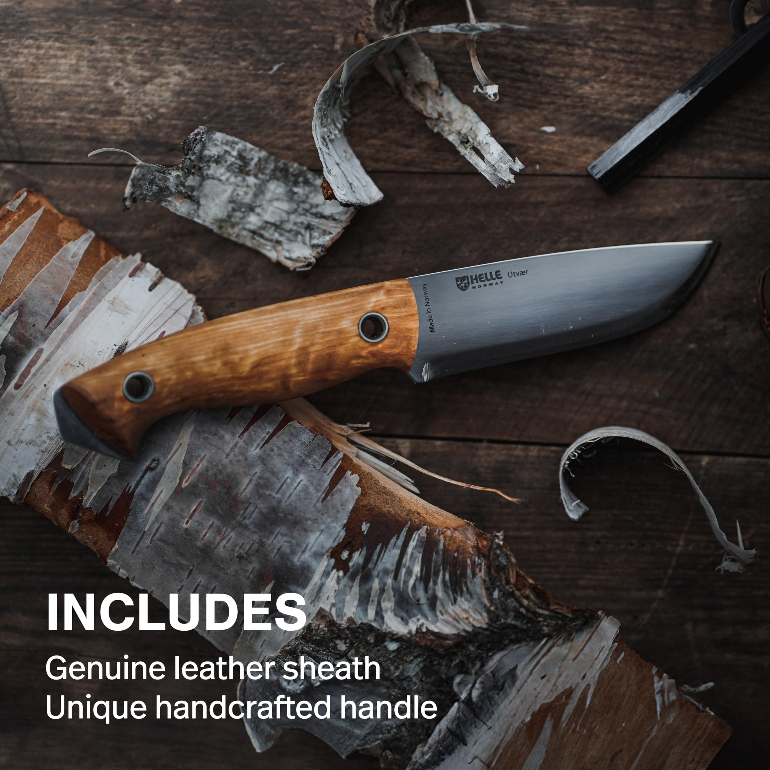 HELLE Utvaer Outdoor Hunting and Camping Knife - Full Tang Stainless Steel Fixed Blade with Sheath, Curly Birch and Vulcan Fiber Handle by Jesper Voxnaes - Perfect for Bushcraft, Survival, and Wilderness Adventures