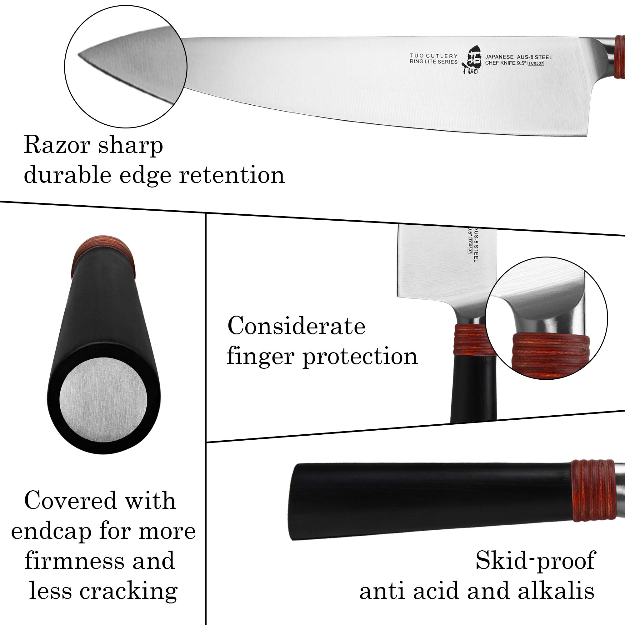 TUO Professional 9.5 Inch Japanese Gyuto Chef Knife - Razor Sharp AUS-8 Stainless Steel Kitchen Knife for Slicing, Dicing Vegetables, Fruits & Meat - Ergonomic Handle with Gift Box (Ring Lite Series) - Perfect for Home Chefs, Professional Kitchens & Cooking Enthusiasts