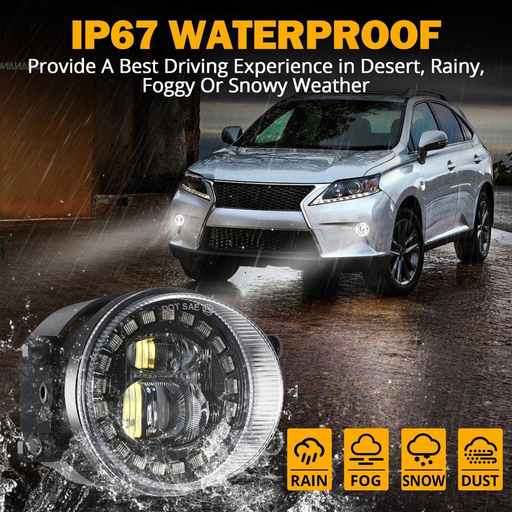 Universal LED Fog Lights with Halo DRL for Toyota Camry Corolla RAV4 Yaris Prius Highlander Venza Avalon Matrix Solara & Lexus GS IS LX RX ES CT - Waterproof Car Fog Lamps for Night Driving and Off-Road Adventures