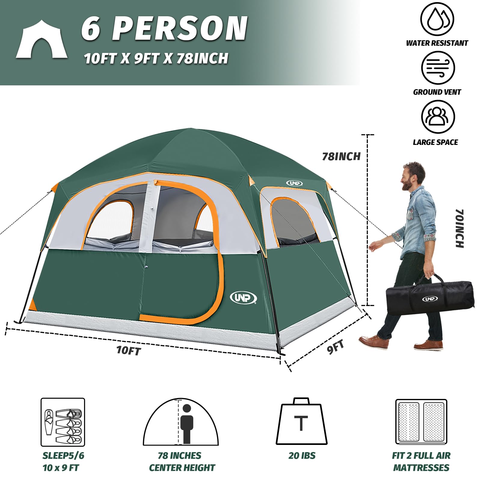 UNP 6-Person Waterproof Windproof Family Camping Tent - Double Layer, Easy Setup with 1 Mesh Door & 5 Large Mesh Windows (10'x9'x78