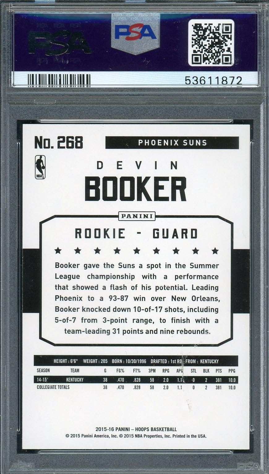 Devin Booker 2015 Panini Hoops Basketball Rookie Card #268 PSA 10 Graded - Perfect for NBA Collectors, Sports Memorabilia Enthusiasts & Investment Collectibles