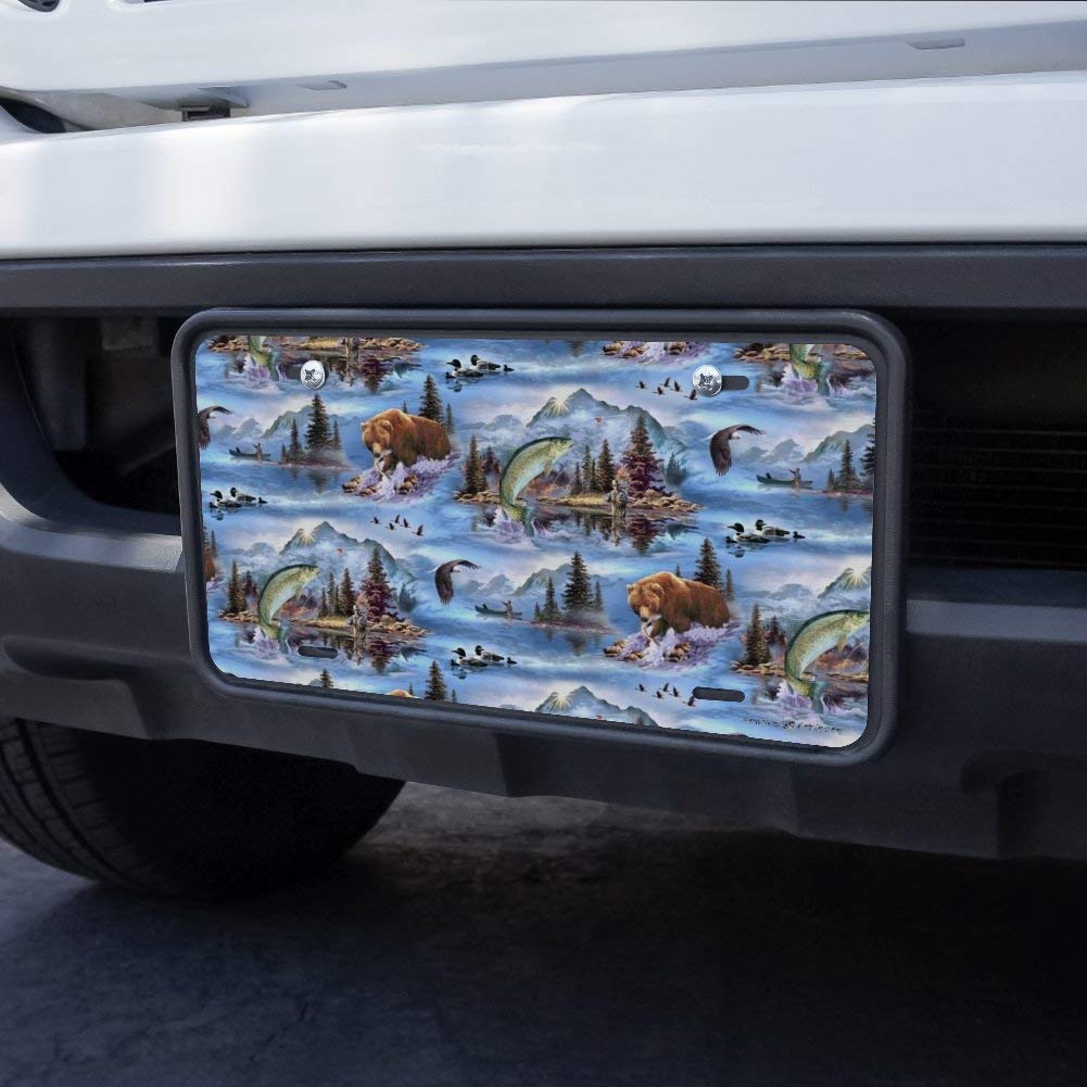 Custom Mountain Fly Fishing Bear Stream Lake Fish Novelty Metal Vanity License Plate - Perfect for Trucks, Cars, Boats & Outdoor Enthusiasts