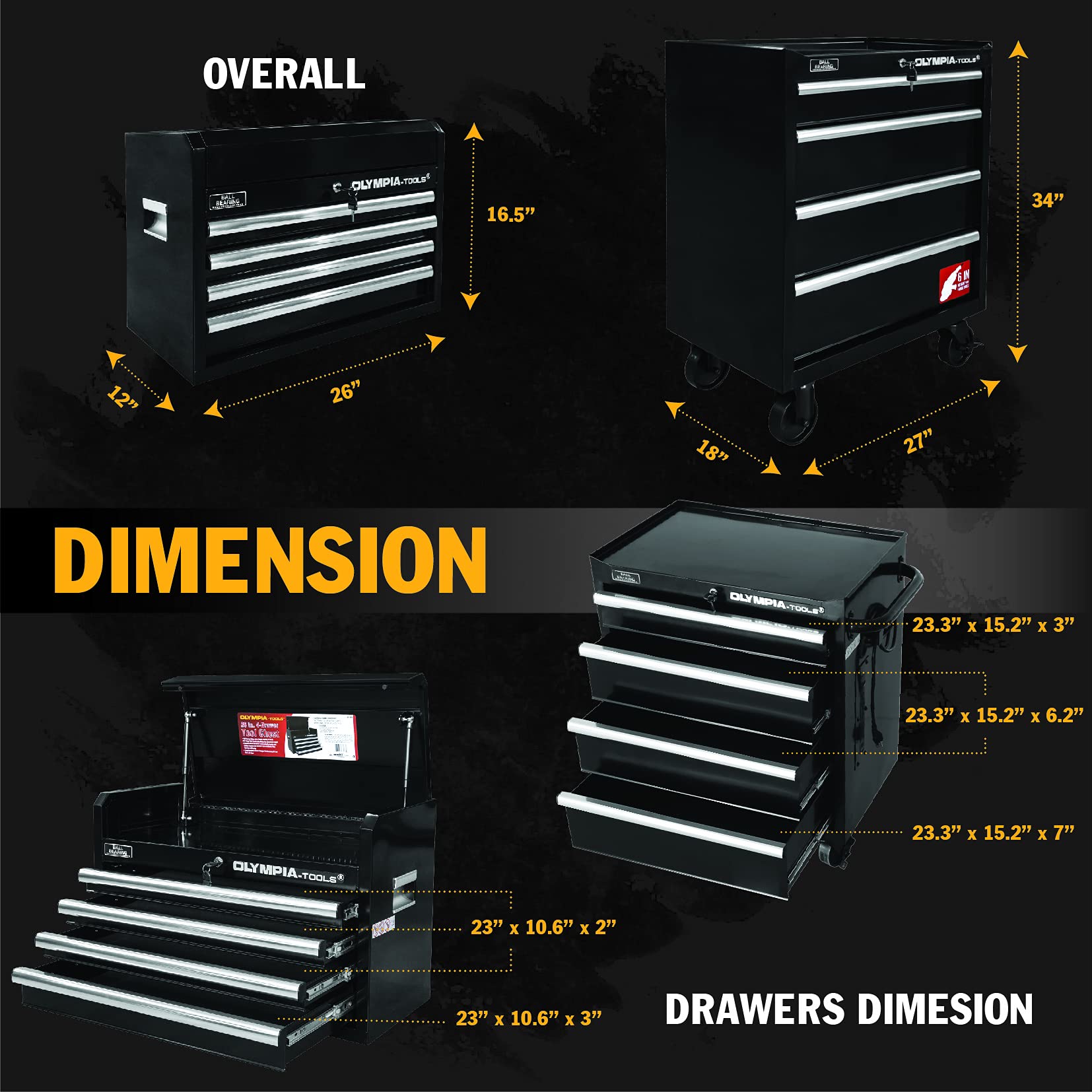 Olympia Tools 26-Inch & 27-Inch Rolling Tool Box with 4 Wheels - Heavy Duty Tool Chest with Drawers, High Capacity Portable Tool Organizer & Storage Cabinet for Garage, Workshop, Warehouse & Job Site - Perfect for Mechanics, DIY Enthusiasts & Professional Contractors