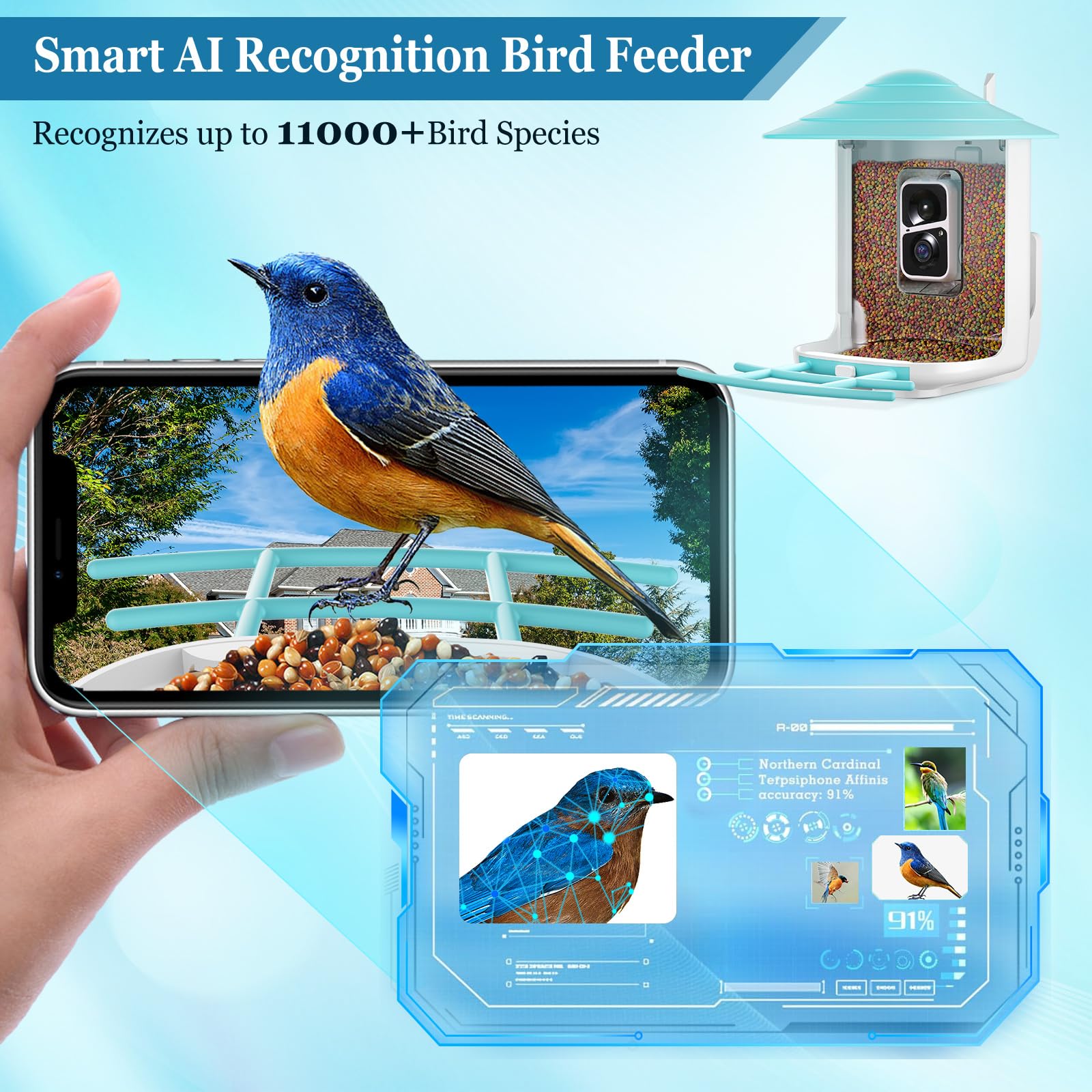 Careboda Smart AI Bird Feeder with Camera - Solar Powered Wireless Outdoor Bird Watching Camera with Motion Detection, Auto Video Capture & 64GB SD Card - Perfect for Backyard Bird Watching & Nature Enthusiasts (Blue)