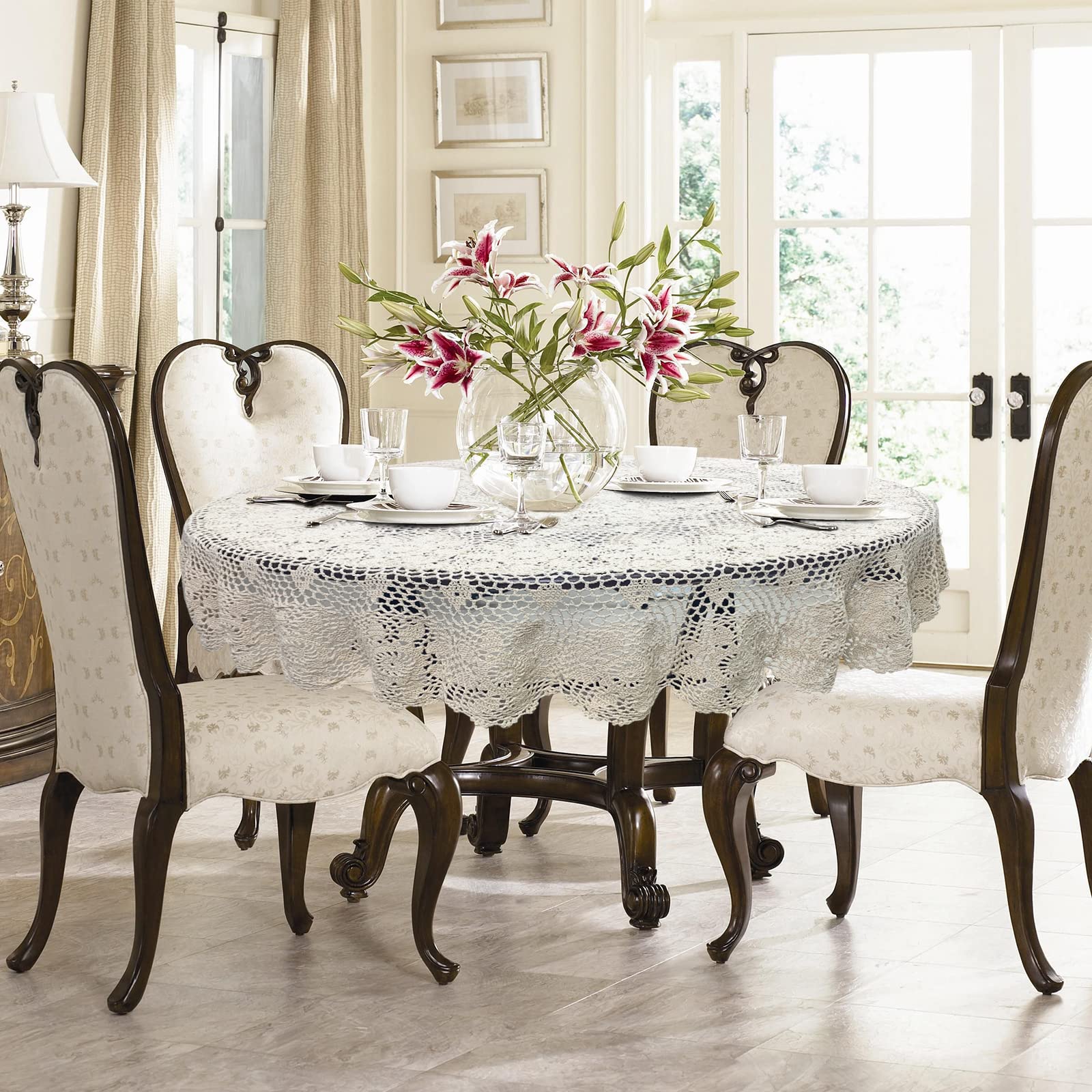 Handmade Crochet Round Tablecloth 60-inch Beige Lace Table Cover Floral Design for Bedroom Kitchen Coffee Table Dining Table - Perfect for Boho Home Decor Wedding Party & Holiday Dining