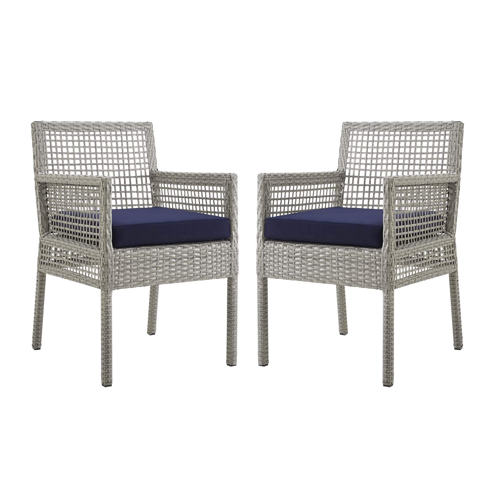Modern Navy Blue Grey Rattan Outdoor Patio Dining Armchair Set of Two, Perfect for Garden, Balcony, and Poolside Relaxation