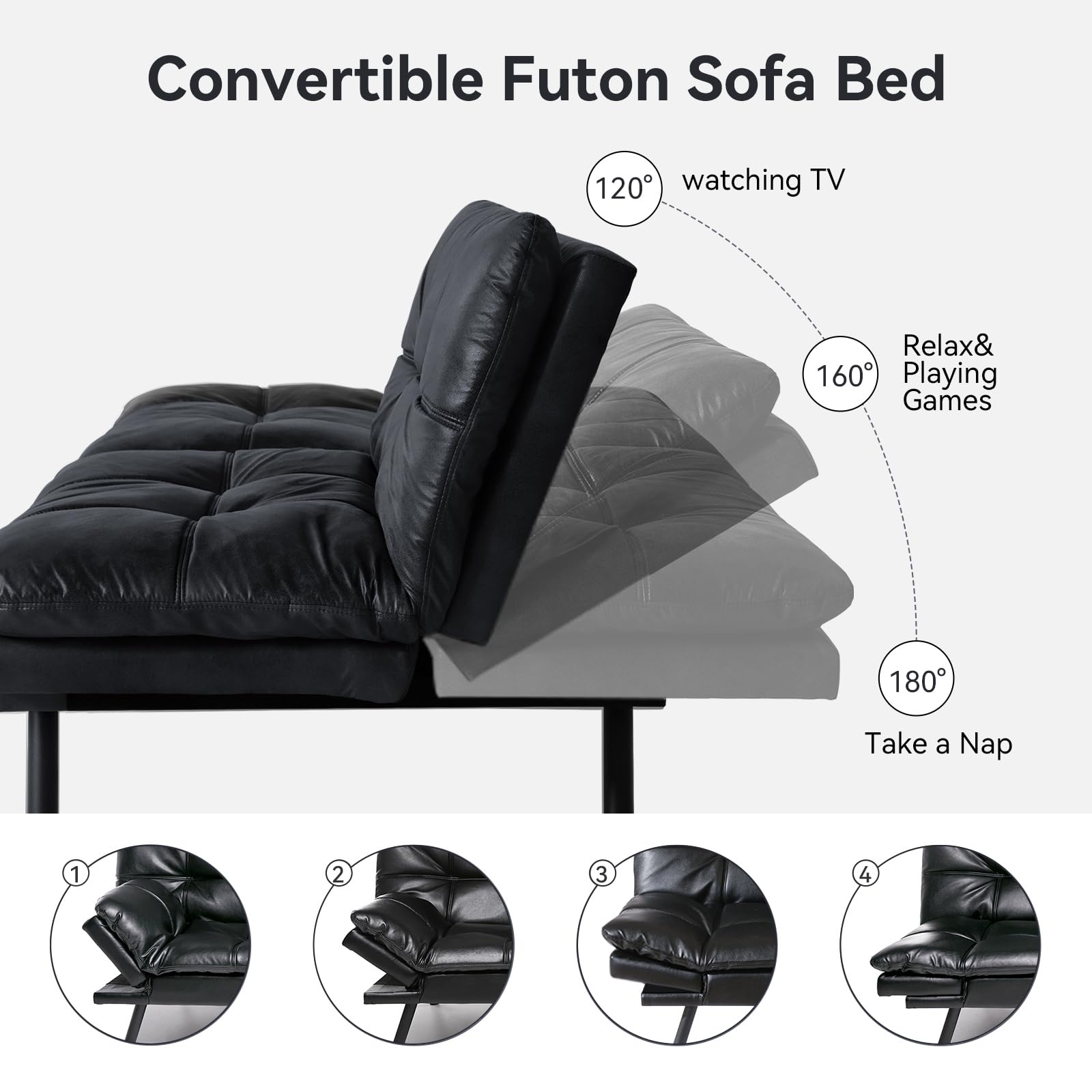 Hcore Convertible Futon Sofa Bed with Memory Foam - Modern Faux Leather Loveseat Sleeper for Living Room, Office & Apartment - Dark Black (SF-267) | Perfect for Small Spaces, Guest Rooms & Studio Apartments