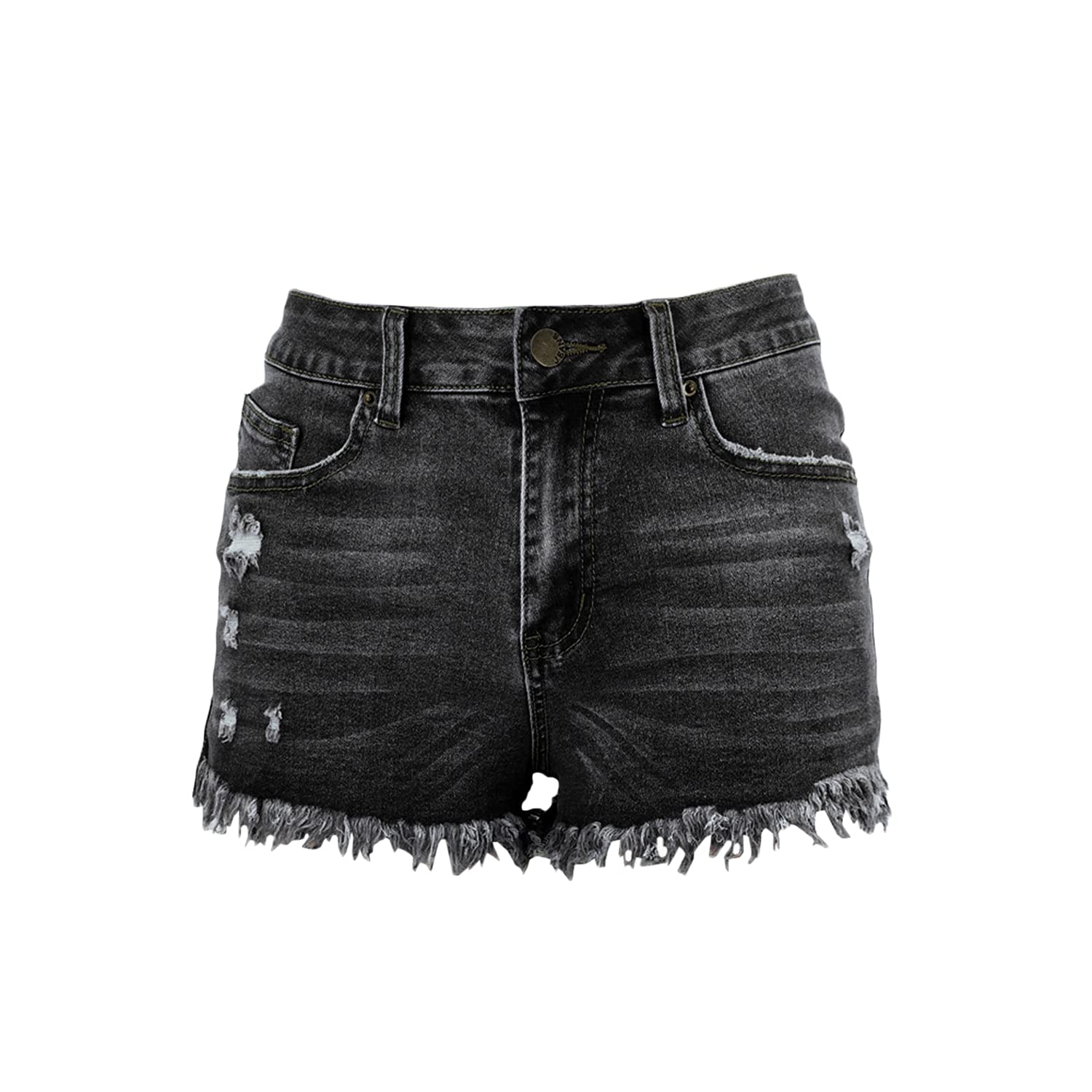 Women's Fringed Ripped Denim Shorts with Raw Hem & Button Details - Distressed Washed Jean Shorts for Summer (Black, XX-Large) | Perfect for Beach Outings, Music Festivals & Casual Street Style