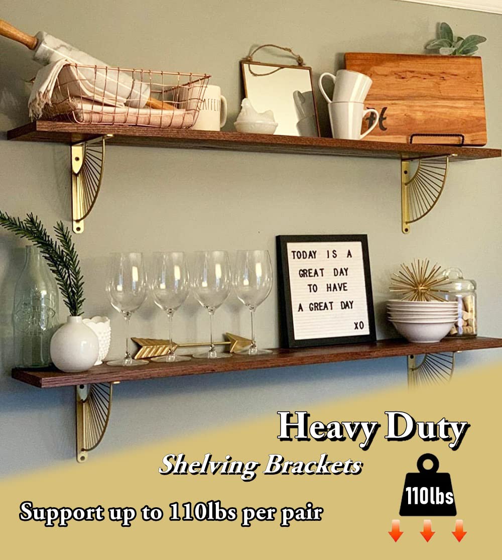 Z Metnal Mid Century Modern Shelf Brackets - Brushed Gold Floating Shelf Brackets (10 Inch, 2 Pcs) - Heavy Duty Wall Mounted Shelving Supports for DIY Home Decor, Kitchen, Bathroom & Office Organization