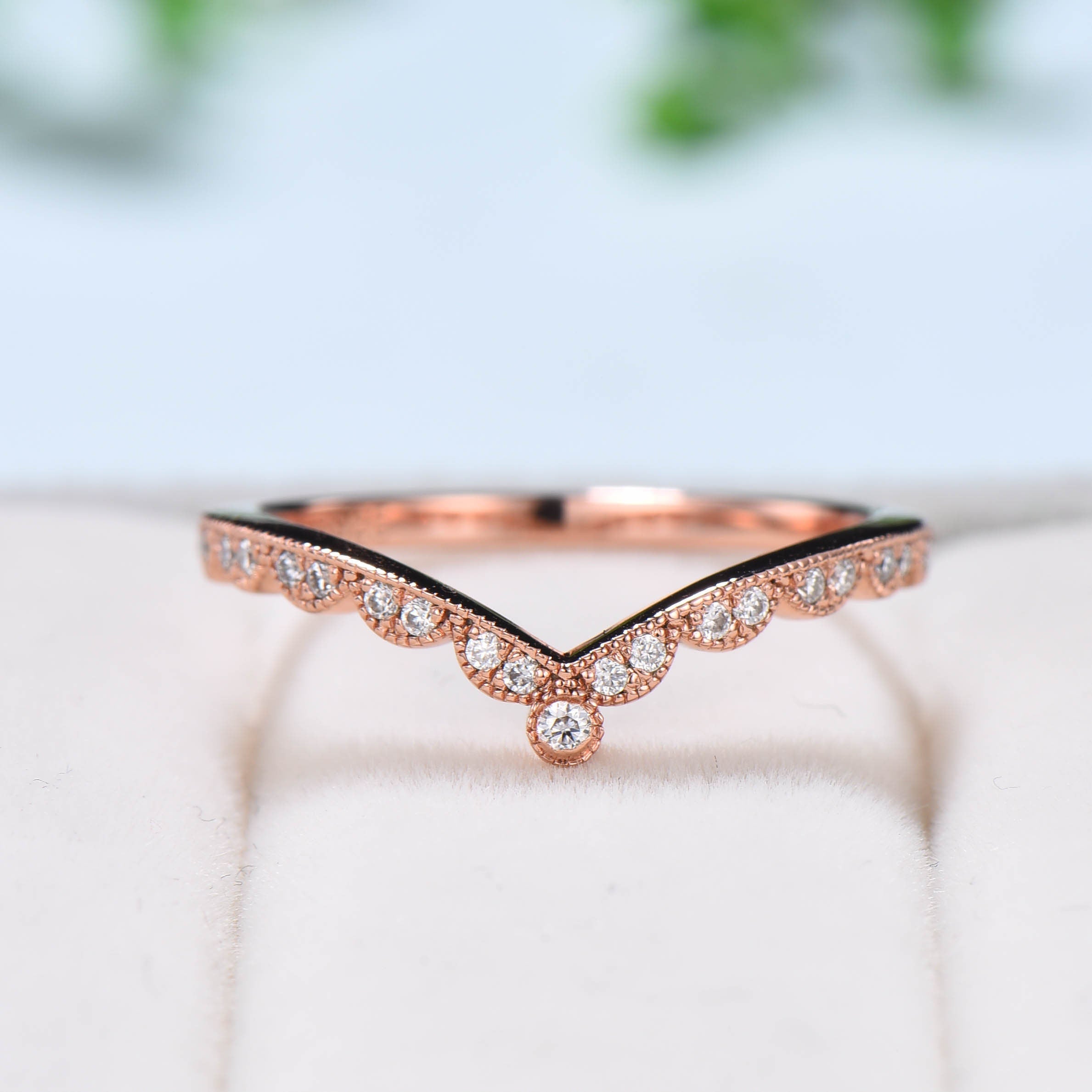 Art Deco Dainty Curved Diamond Wedding Band - Unique Rose Gold Mulgrain Stacking Ring with Moissanite - Matching Anniversary Gift for Women - Perfect for Bridal, Engagement & Stackable Jewelry