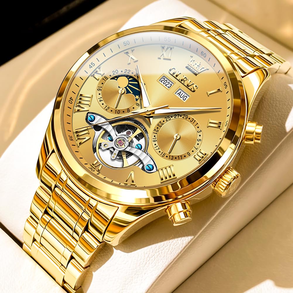 OLEVS Men's Automatic Skeleton Tourbillon Watch - Self-Winding Luxury Dress Watch with Diamond Accents, Stainless Steel, Waterproof, Luminous Hands, Moon Phase & Day Date Display - Perfect for Business, Formal Events & Gift Giving