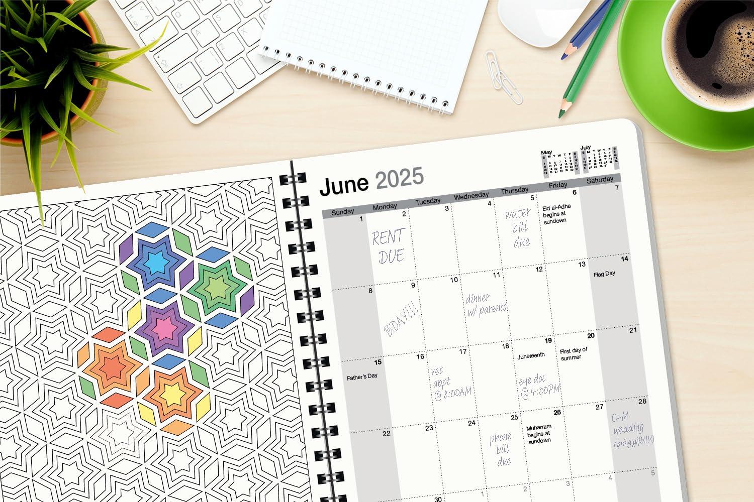 2025 Geometric Coloring Day Planner - Daily & Weekly Scheduling, Goal Planning with Lines, Shapes & Pattern Coloring Pages (8.5