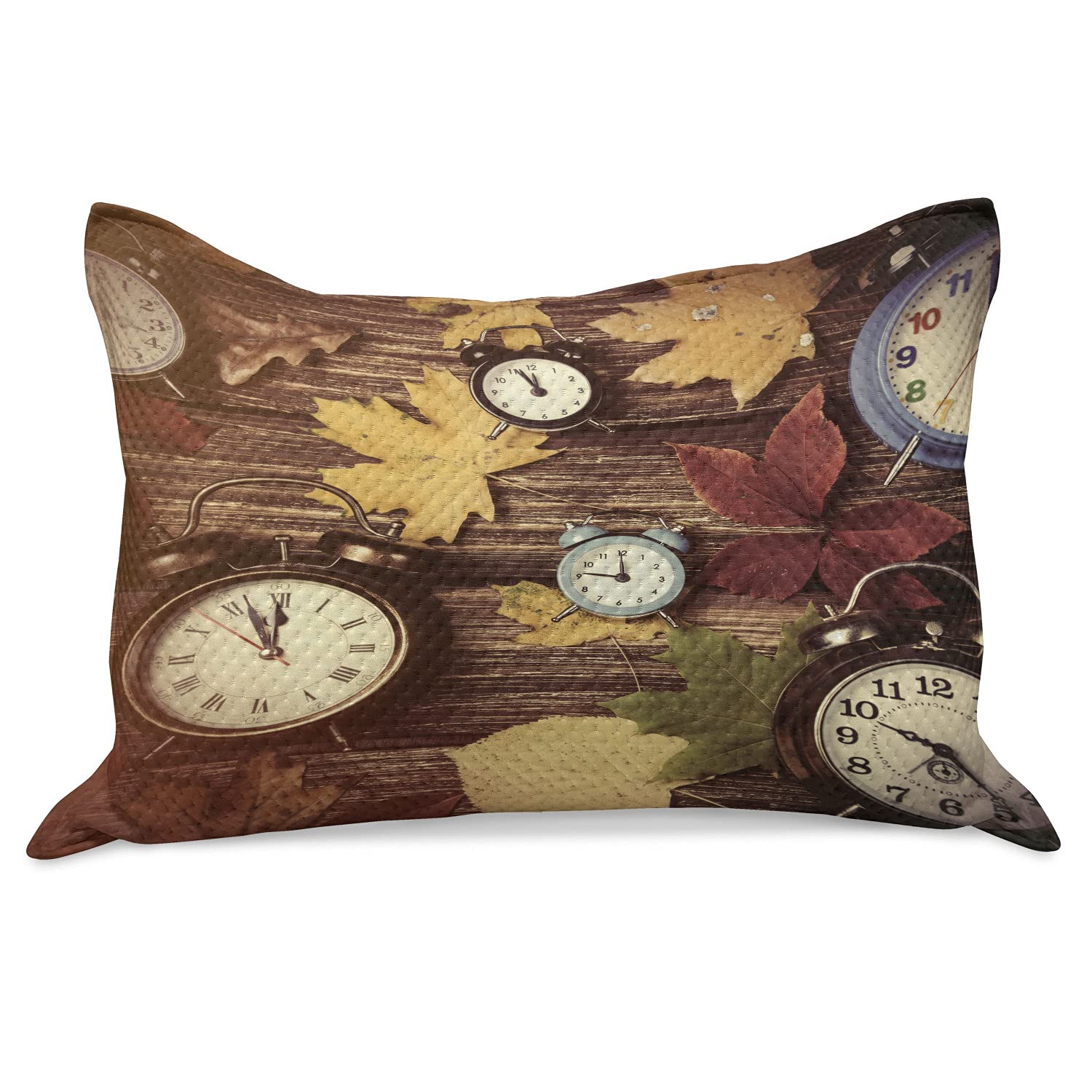Ambesonne Fall Knitted Quilt Pillow Cover - Autumn Maple Leaves & Vintage Alarm Clocks Print, Standard Queen Size 30x20 Inch, Multicolor Home Decor for Bedroom, Living Room & Seasonal Decorations