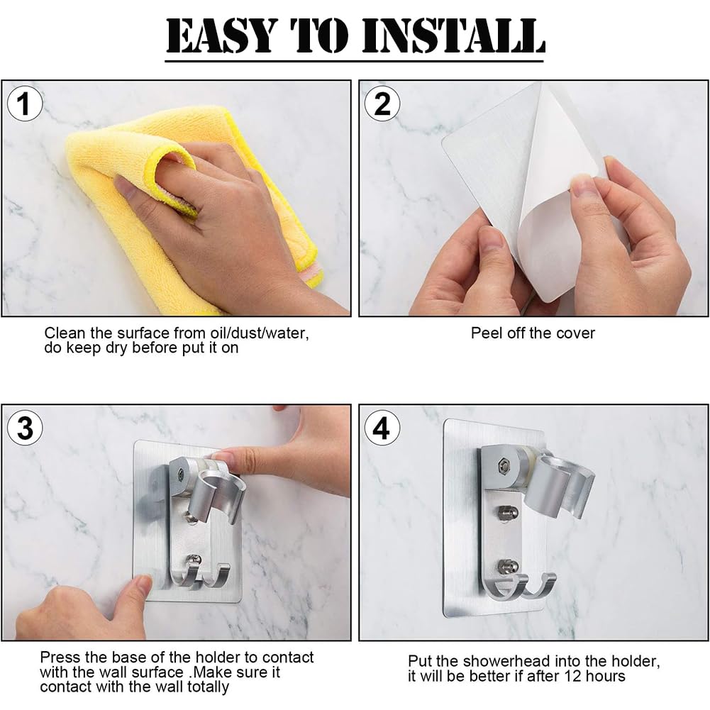 2-Piece Adjustable Shower Head Holder - No Drill Wall Mount with Strong Adhesive, Universal Shower Wand & Hose Bracket for Bathroom, Perfect for Renters & Homeowners