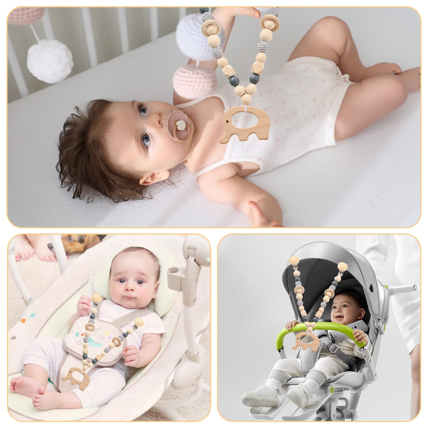 JurciCat Wooden Stroller Toy Chain - Natural Wood Baby Toy for 0-12 Months - Perfect for Strollers, Cribs & Car Seats - Great Baby Shower Gift & Early Learning Developmental Toy