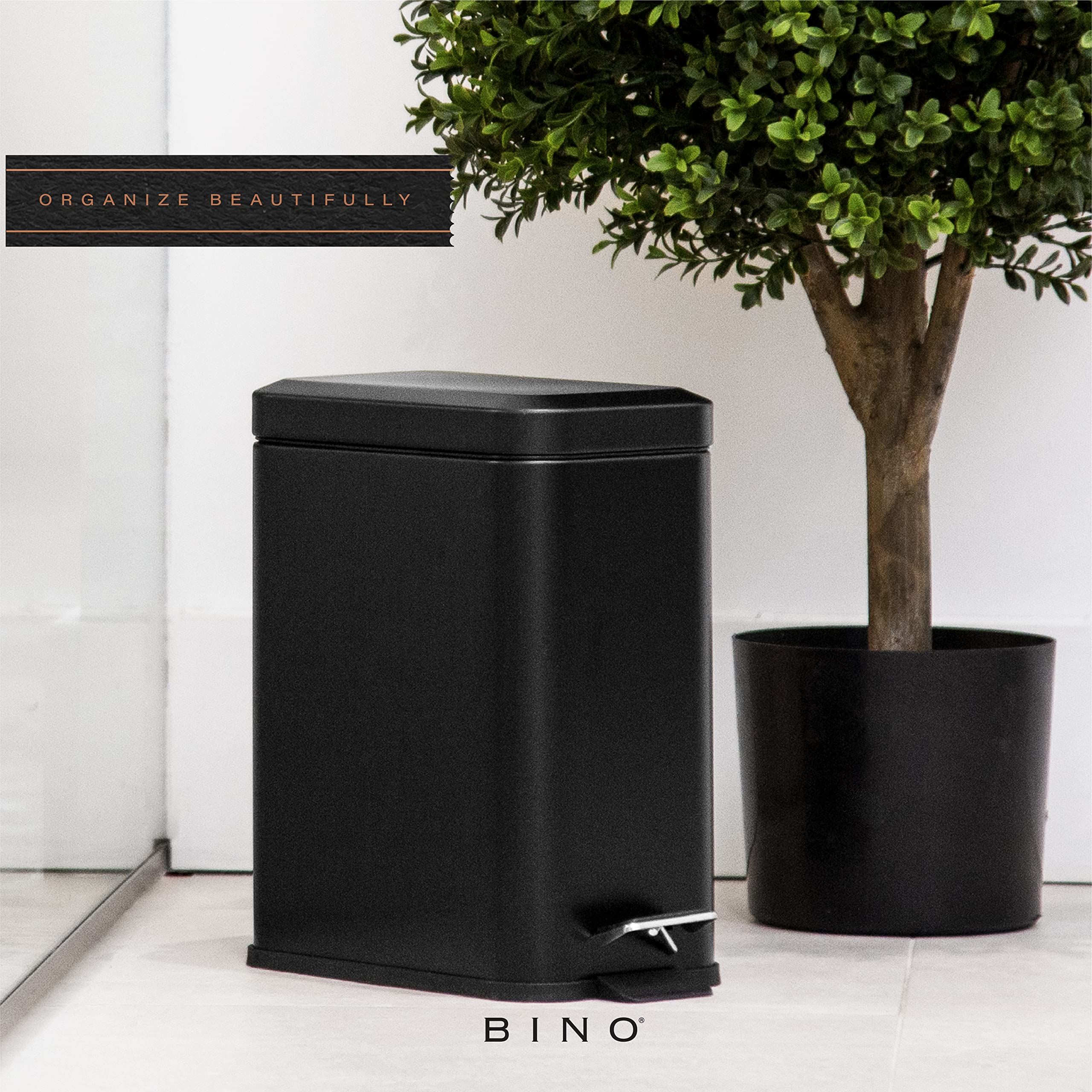 BINO Stainless Steel Step Trash Can with Lid - 1.3 Gallon/5 Liter Rectangular Garbage Bin for Kitchen, Bathroom & Office - Non-Slip Pedal, Matte Black Finish - Perfect for Waste Disposal in Small Spaces