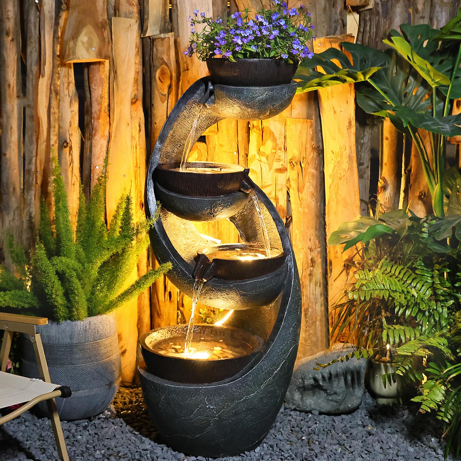 44 Inch Modern Tiered Outdoor Water Fountain with LED Lights - Freestanding Waterfall Cascade Bowl for Garden, Patio, Yard, Pool Decor | Perfect for Relaxing Ambiance and Elegant Home Landscaping