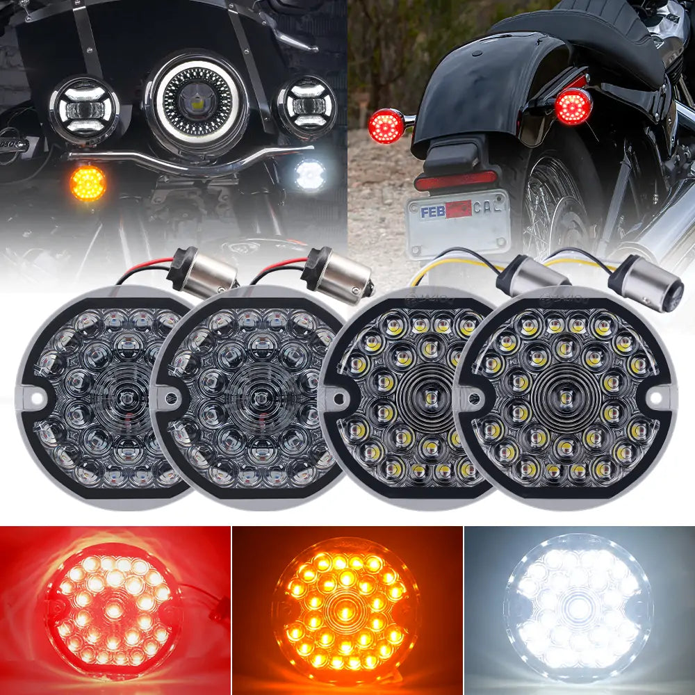1157 & 1156 LED Turn Signal Kit for Harley Davidson Road Glide, Road King, Softail & Ultra Classic - 3.25 Inch Dual Function Bulbs with Front Double Base & Rear Single Connector - Perfect for Daytime Visibility & Nighttime Safety Riding