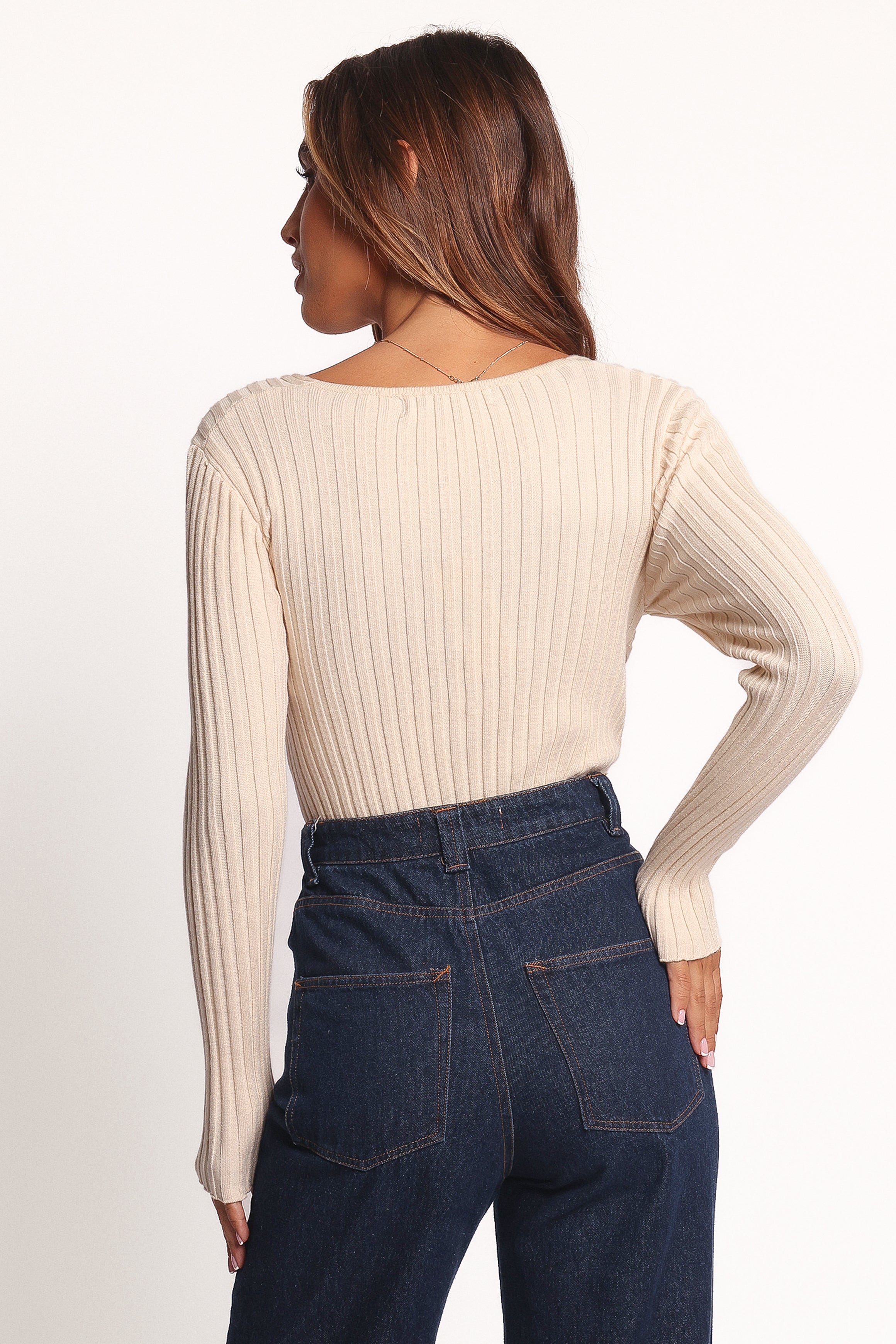 Demi Twist Detail Knit Top Women's Casual Crewneck Sweater - Soft Cream Knit Shirt for Fall & Winter | Perfect for Office, Date Night & Layering