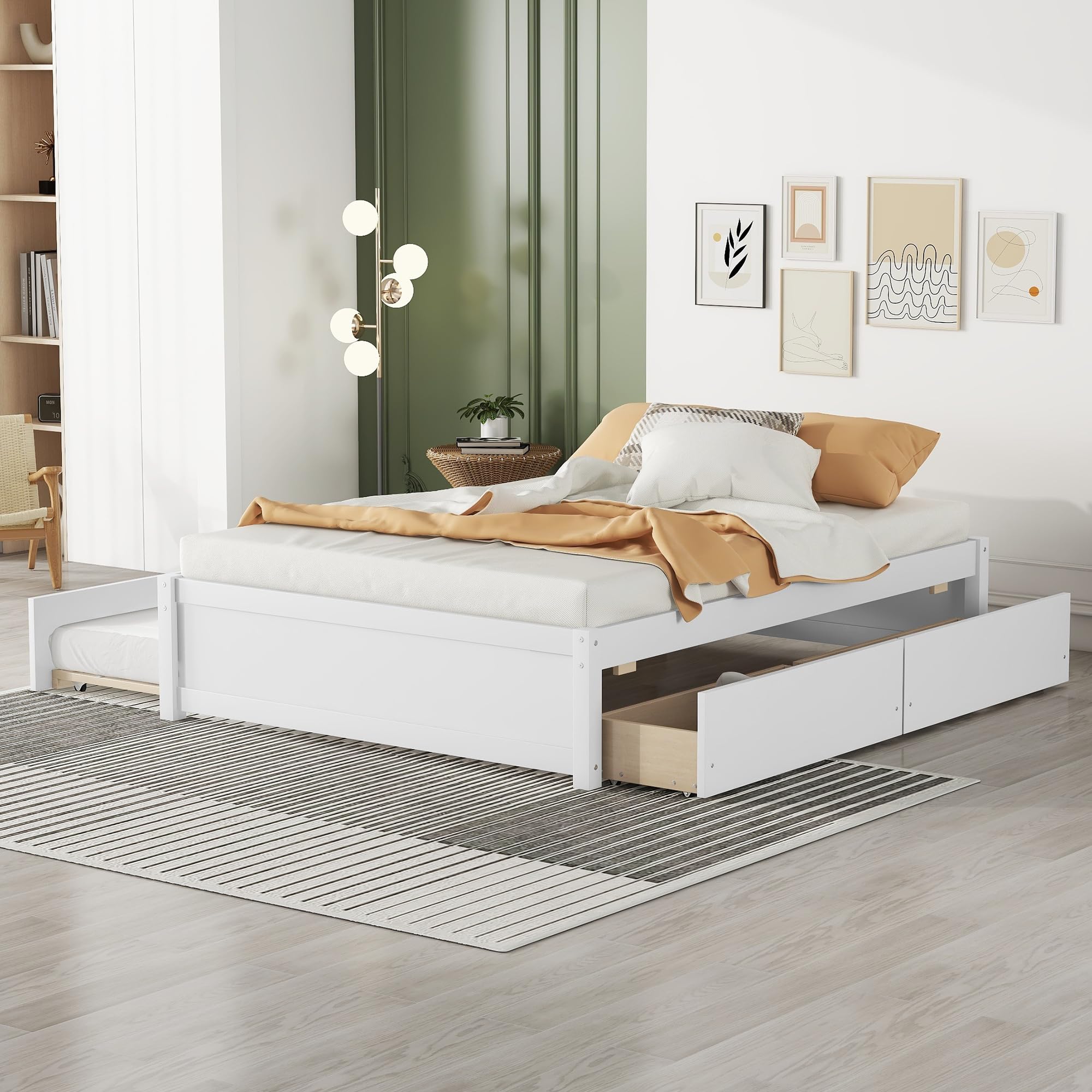 Bellemave White Wood Platform Bed Frame with Trundle and Storage Drawers - Full Size Captain Bed for Kids, Teens & Adults - Perfect for Small Spaces, Guest Rooms & Dormitories