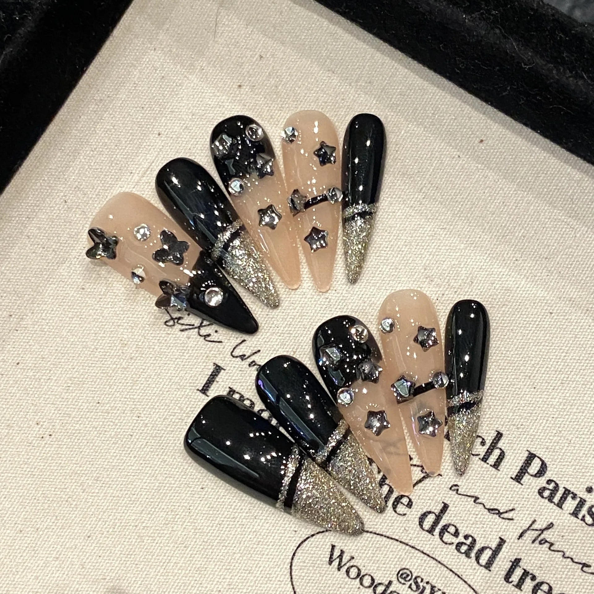 10Pcs Rhinestone Cat Eye Press on False Nails - Glitter French Fake Nails with Tools, Handmade Almond Full Cover Nail Art - Perfect for Parties, Weddings, and Special Occasions