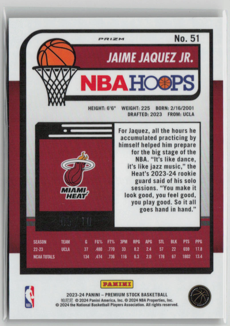 2023-24 Panini Prizm NBA Hoops Premium Stock Jaime Jaquez Jr. Gold Parallel 05/10 Rookie Card #51 - Rare Collectible for Basketball Fans & Card Investors