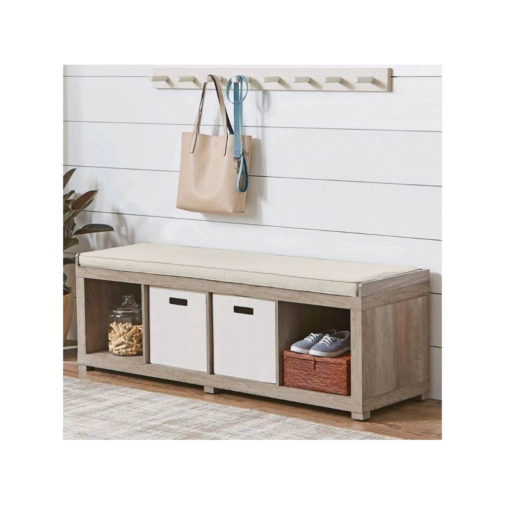 Better Homes & Gardens BH47 4-Cube Storage Bench with Seat - Rustic Gray Organizer for Entryway, Living Room & Bedroom Storage Solutions