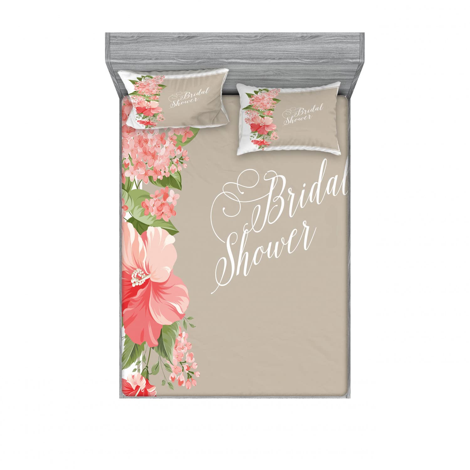 Ambesonne 2-Pack Queen Size Fitted Sheet Set with 4 Pillow Shams - Salmon Green & Beige Floral Wedding Frame Design - Complete 4-Piece Bedding Decor Set for Master Bedroom, Guest Room, or Bridal Suite