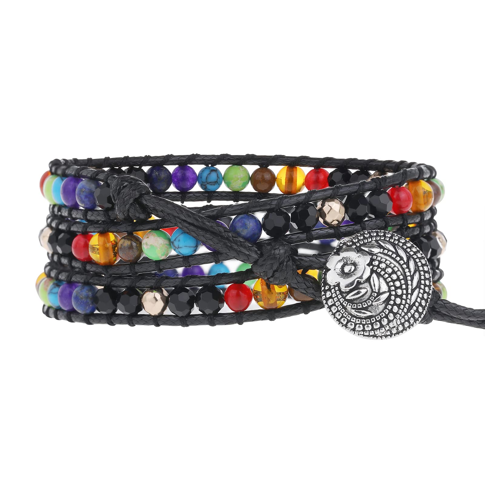 Wingoden Handmade 5-Wrap Leather Bead Bracelet for Women & Men - Natural Stone 7 Chakra Healing Bracelet, Bohemian Leather Cuff Jewelry for Meditation, Yoga & Spiritual Healing