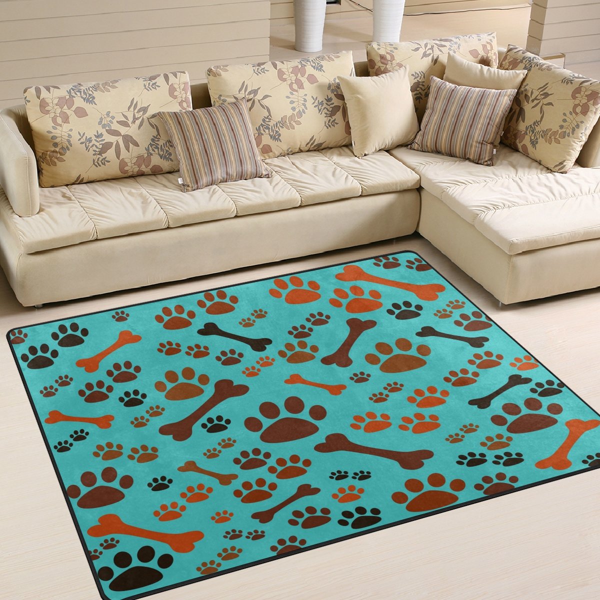 ALAZA Cartoon Dog Paw Print Bone Area Rug - Non-Slip Soft Pet Themed Rug for Living Room, Bedroom, Nursery - 5'3