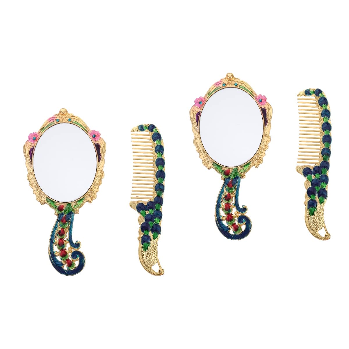 FOMIYES 4-Piece Vintage Hand Mirror and Comb Set - Peacock Floral Design Metal Vanity Mirror for Dressing Table, Makeup, Hair Styling & Home Decor