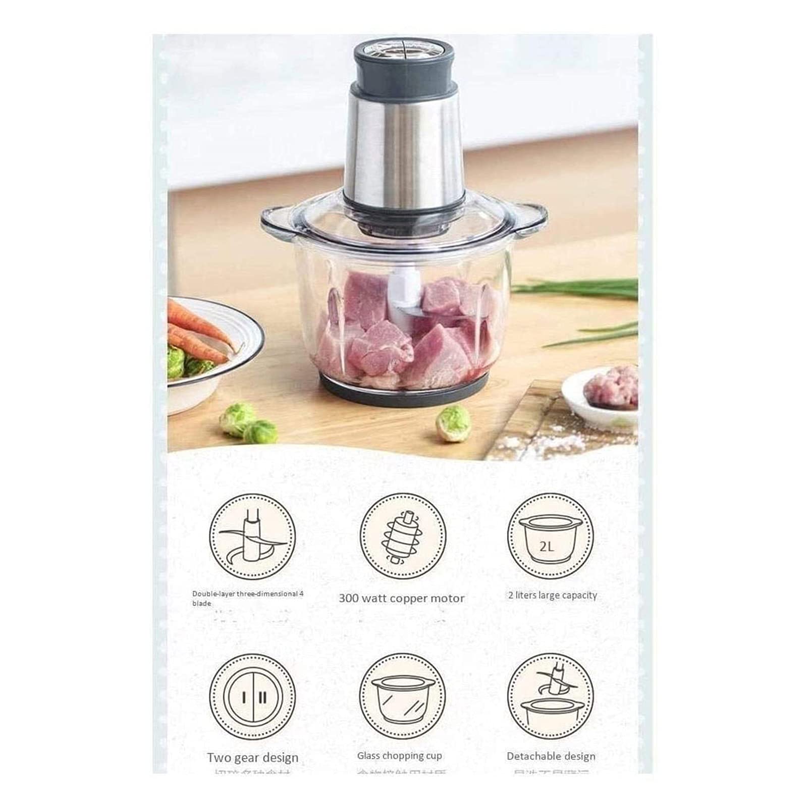 300W Electric Food Processor - 2L Stainless Steel Bowl, 4 Sharp Blades & 2 Speed Settings - Mini Food Chopper & Meat Grinder for Vegetables, Fruits, Onion, Garlic - Perfect for Meal Prep, Smoothies, Baby Food & Home Cooking