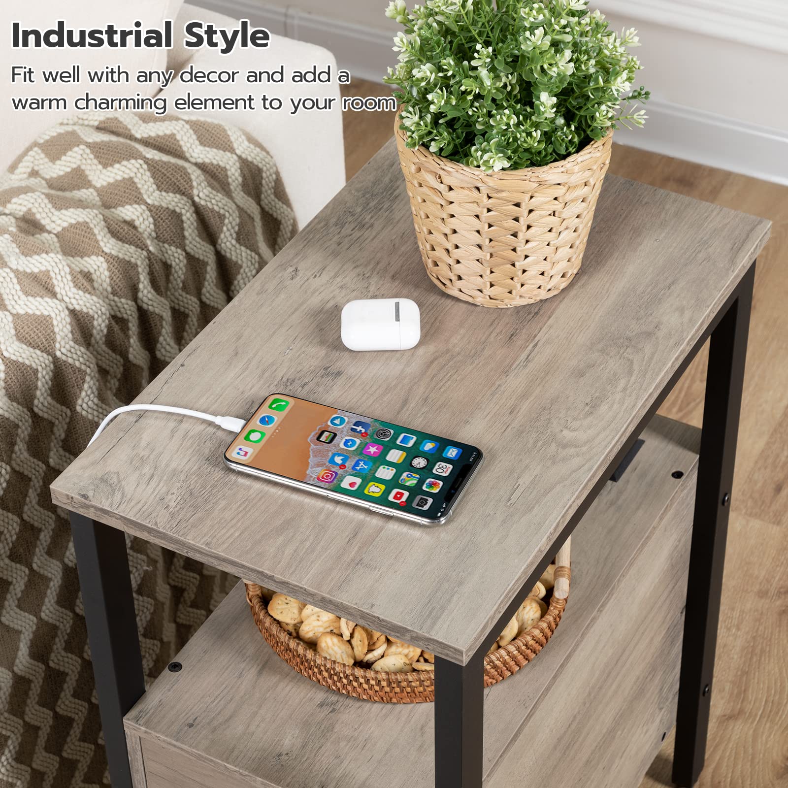 HOOBRO Set of 2 Narrow End Tables with Charging Station, USB Ports & Power Outlets, Nightstand with Drawers for Small Spaces - Greige and Black BG541BZP201 | Perfect for Living Room, Bedroom & Office Use