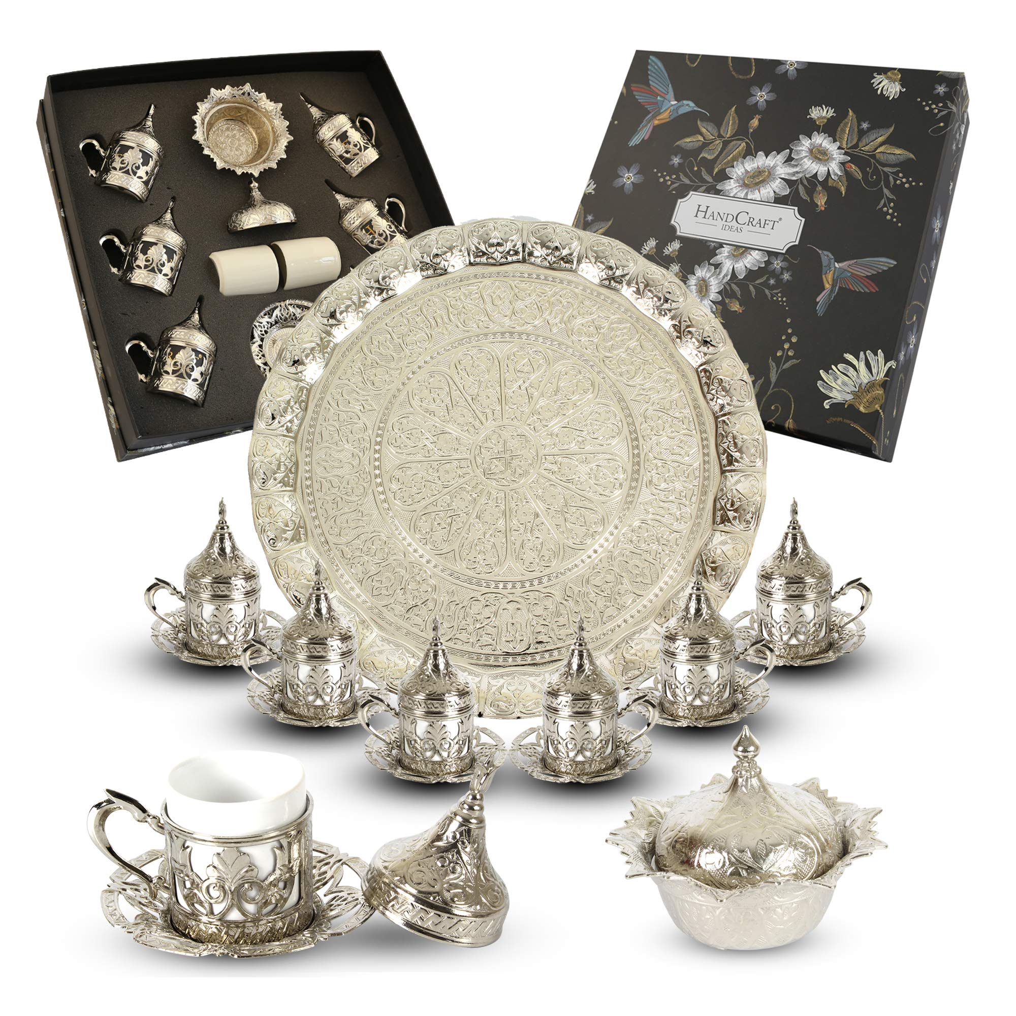 27-Piece Handmade Turkish Coffee, Espresso and Tea Serving Set for 6 - Premium Zamak Construction with Cups, Saucers, Sugar Bowl & Tray - Elegant Silver Finish (CS6-204) | Perfect for Home Entertaining, Gift Giving & Traditional Coffee Ceremonies