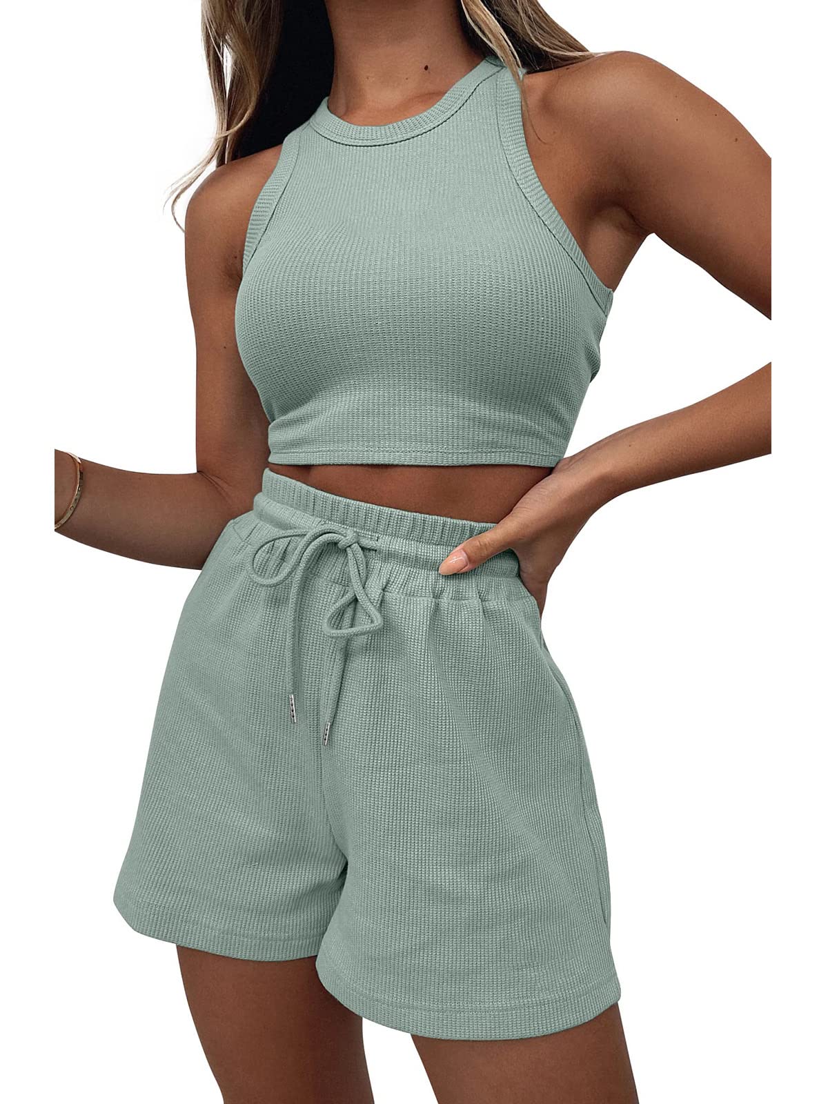 PEIARA Women's 2-Piece Pajama Lounge Set - Waffle Knit Sleeveless Crop Top & Drawstring Shorts - Comfy Sweatsuit for Sleepwear, Loungewear & Home Relaxation
